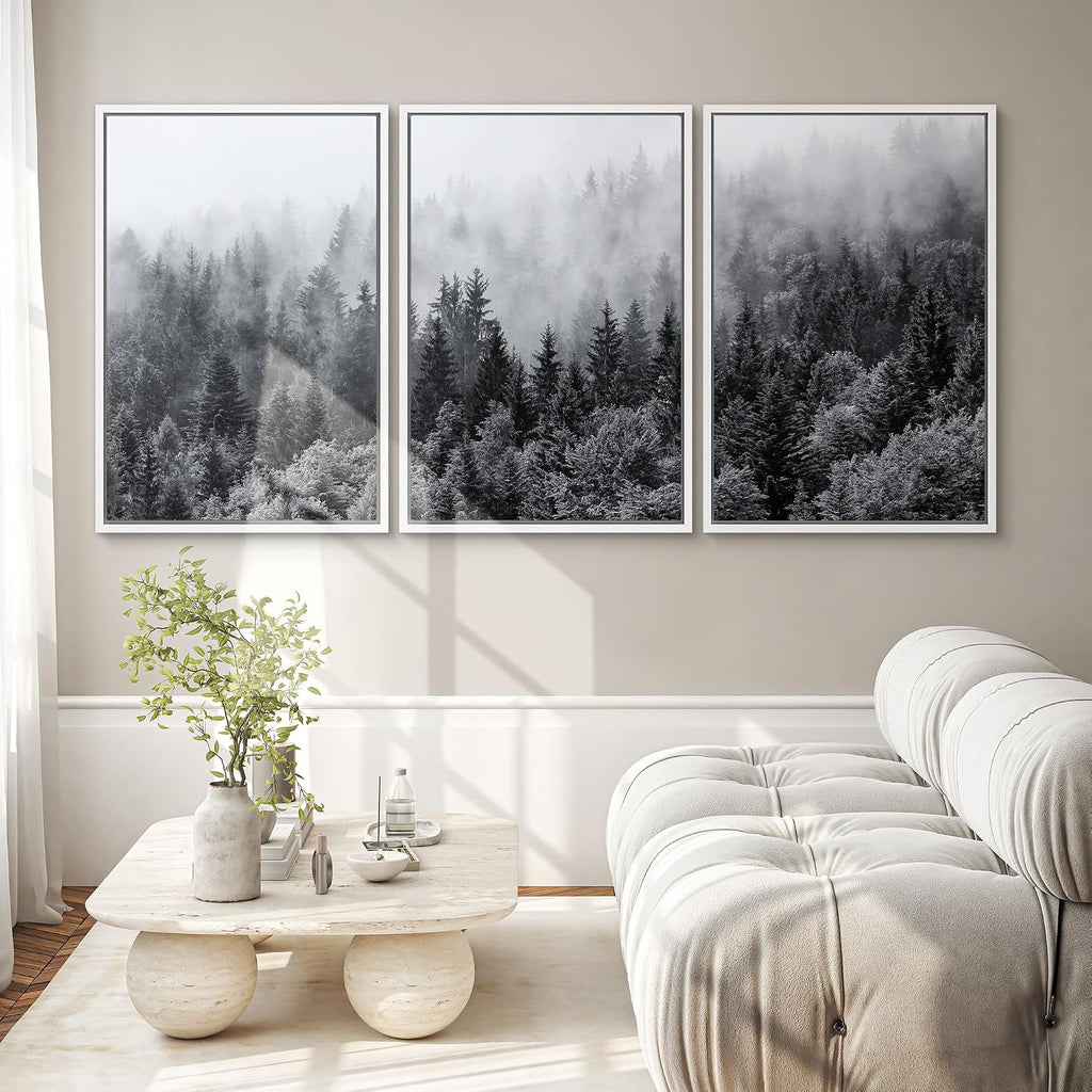SIGNWIN Framed Canvas Print Wall Art Set Black & White Misty Mountain Forest Nature Wilderness Photography Modern Art Chic Landscape Relax/Calm for Living Room, Bedroom, Office - 24'x36'x3 White