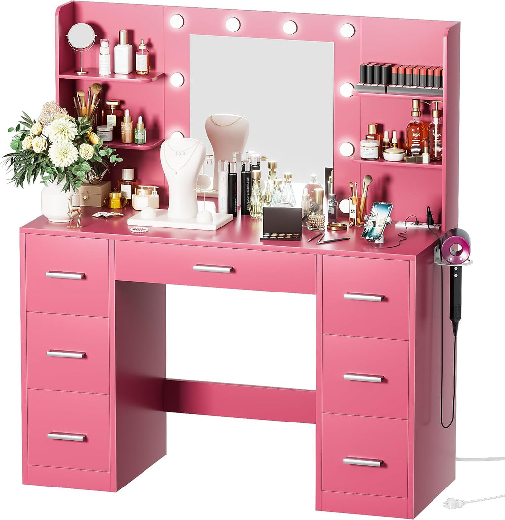 VICTONE Vanity Desk with LED Lighted Mirror&Power Outlet, 3 Model Lights Makeup Vanity Table with 7 Drawers and 6 Storage Shelves for Bedroom and Dressing Room (Dark Pink)