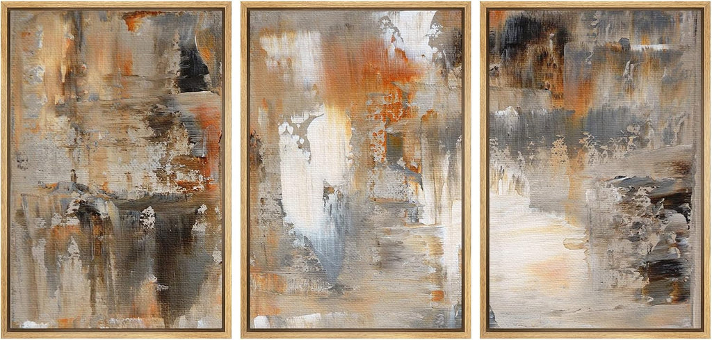 wall26 Framed Canvas Print Wall Art Set Black, White & Orange Brushstrokes Abstract Shapes Illustrations Modern Art Chic Colorful Multicolor Ultra for Living Room, Bedroom, Office - 16'x24'x3 Natural