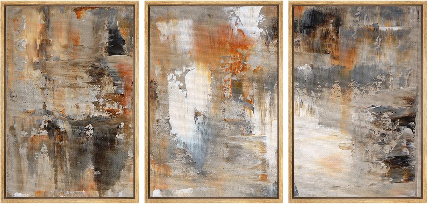 wall26 Framed Canvas Print Wall Art Set Black, White & Orange Brushstrokes Abstract Shapes Illustrations Modern Art Chic Colorful Multicolor Ultra for Living Room, Bedroom, Office - 16'x24'x3 Natural