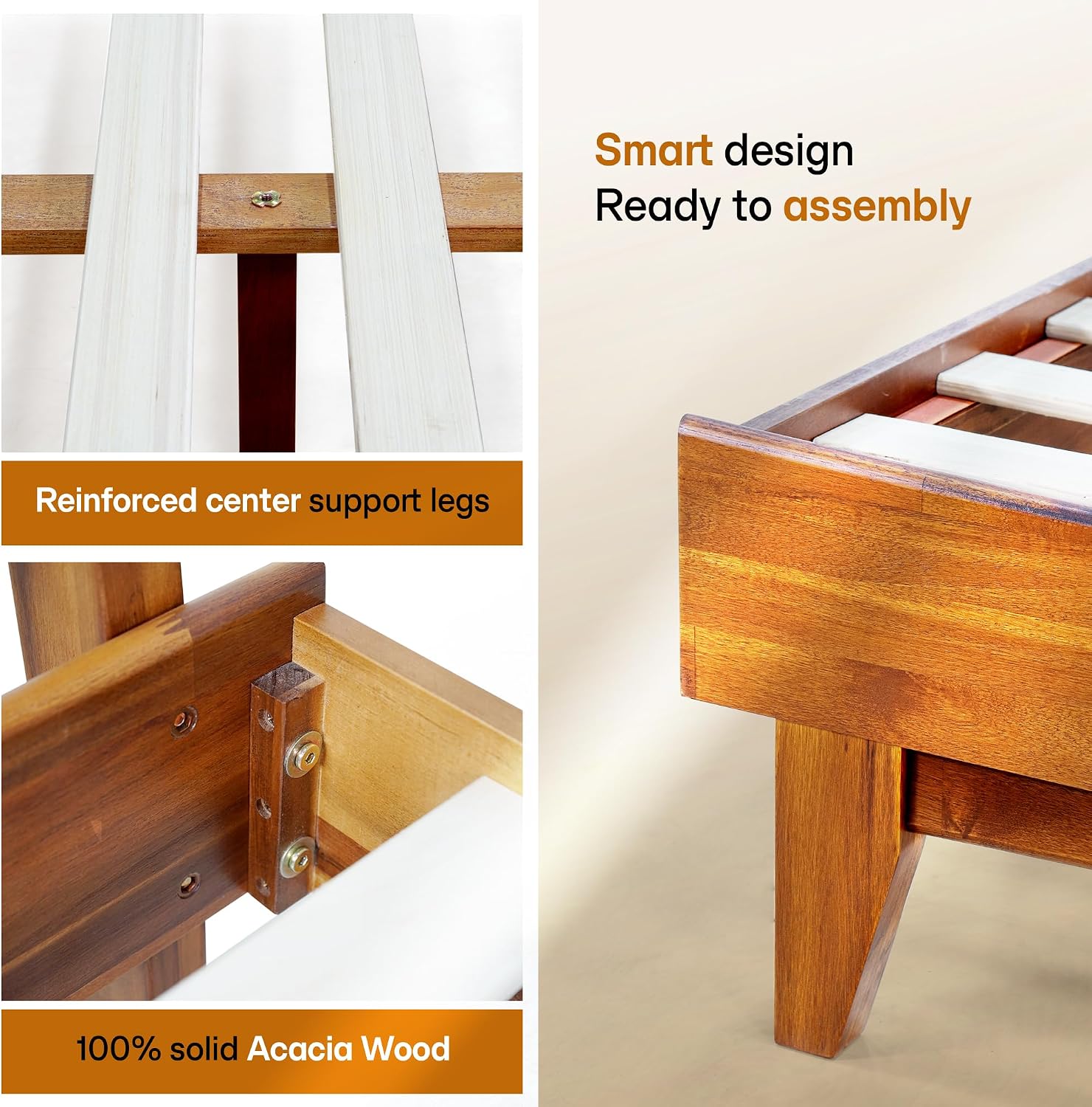 Acacia Aurora King Bed Frame with Headboard & Serena Nightstand Set – Solid Wood Platform Bed & Bedside Table, Caramel Finish