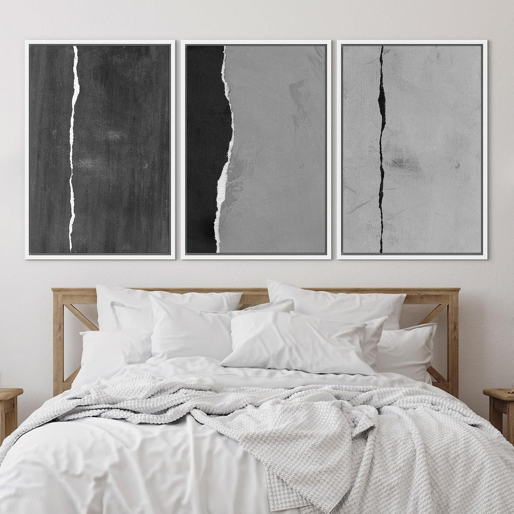 SIGNLEADER Framed Canvas Print Wall Art Set Black and White Torn Minimalist Grunge Illustrations Minimal Decorative Bohemian Nordic for Living Room, Bedroom, Office - 24'x36'x3 WHITE
