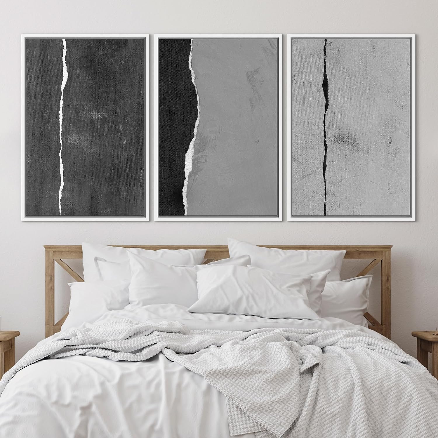 SIGNLEADER Framed Canvas Print Wall Art Set Black and White Torn Minimalist Grunge Illustrations Minimal Decorative Bohemian Nordic for Living Room, Bedroom, Office - 24'x36'x3 WHITE