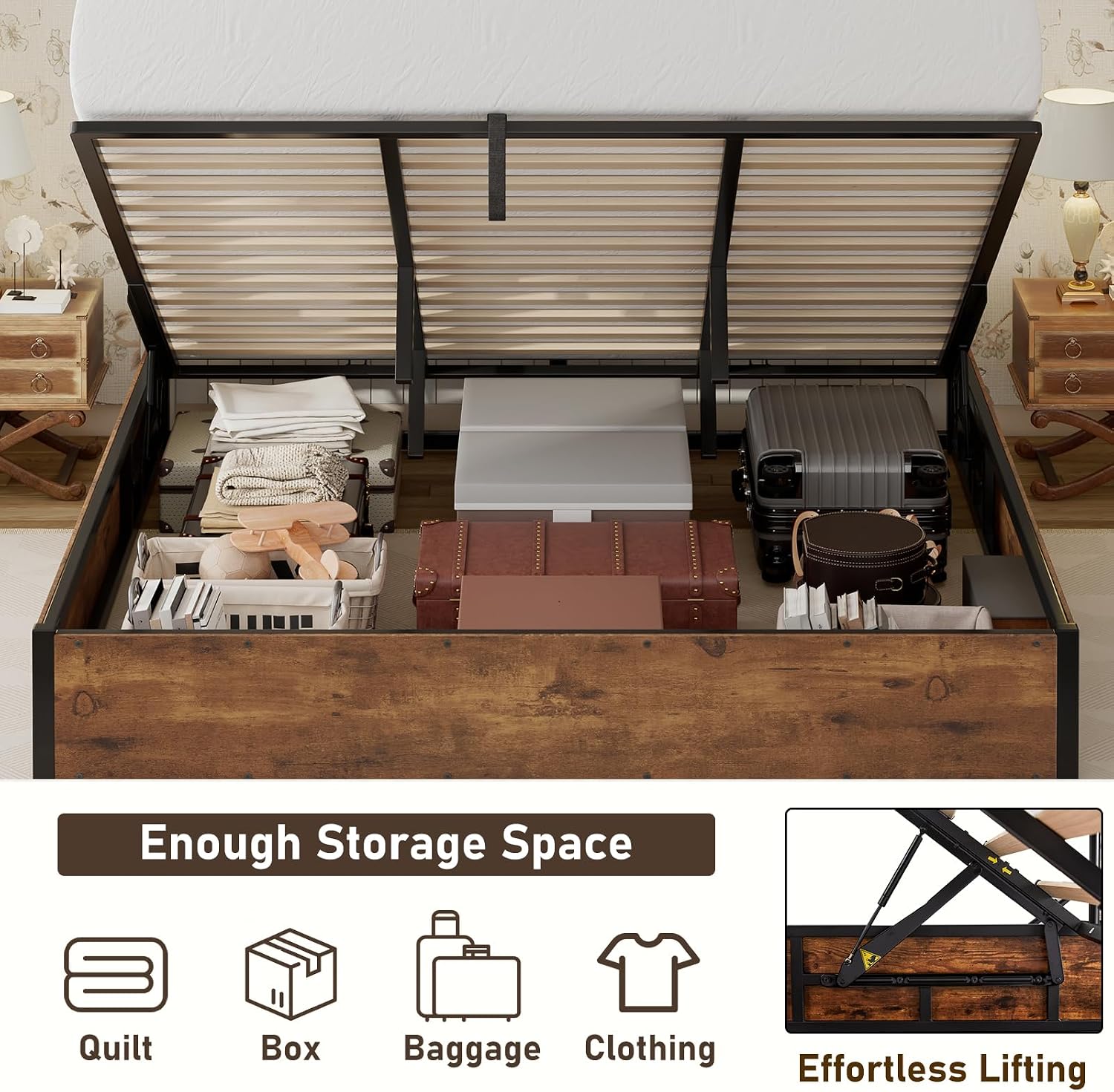 LUXOAK Lift Up Storage Bed Frame, King Size Wooden Slats Platform Bed Frame with Ample Storage Underneath, No Box Spring Needed, Noise Free, Rustic Brown