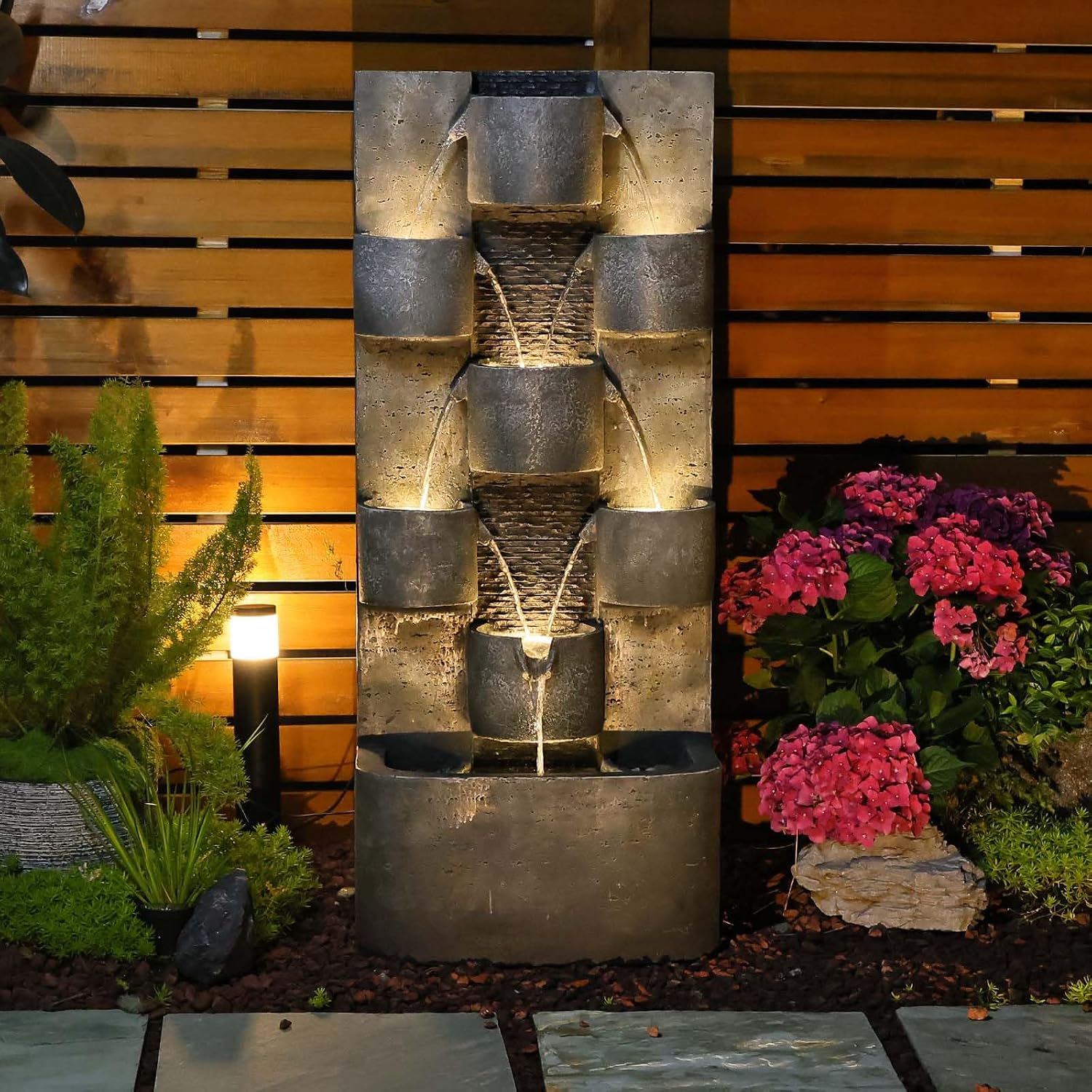 Bumilgar 44.8' H Modern Outdoor Water Fountain with LED Lights and Pump, Mutiply-Tier Standing Cascading Waterfall - Modern Design for Garden,Patio,Yard, Multi-Level Outdoor Decor (Gray)