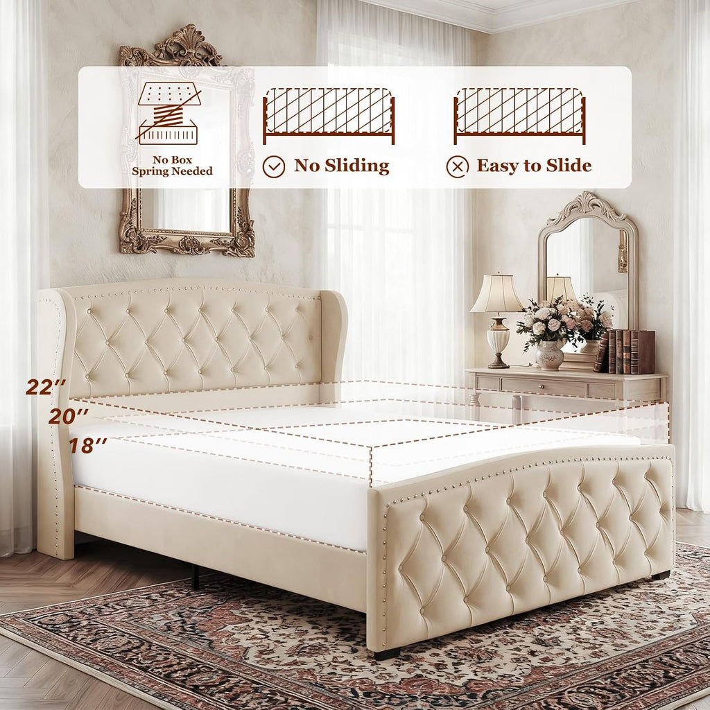 Furnihome King Size Bed Frame with 51' Tall Headboard, Velvet Upholstered Wingback Platform Design, Handcrafted Pleats& Deep Button Tufted, Solid Wood Legs, No Box Spring Needed, Beige