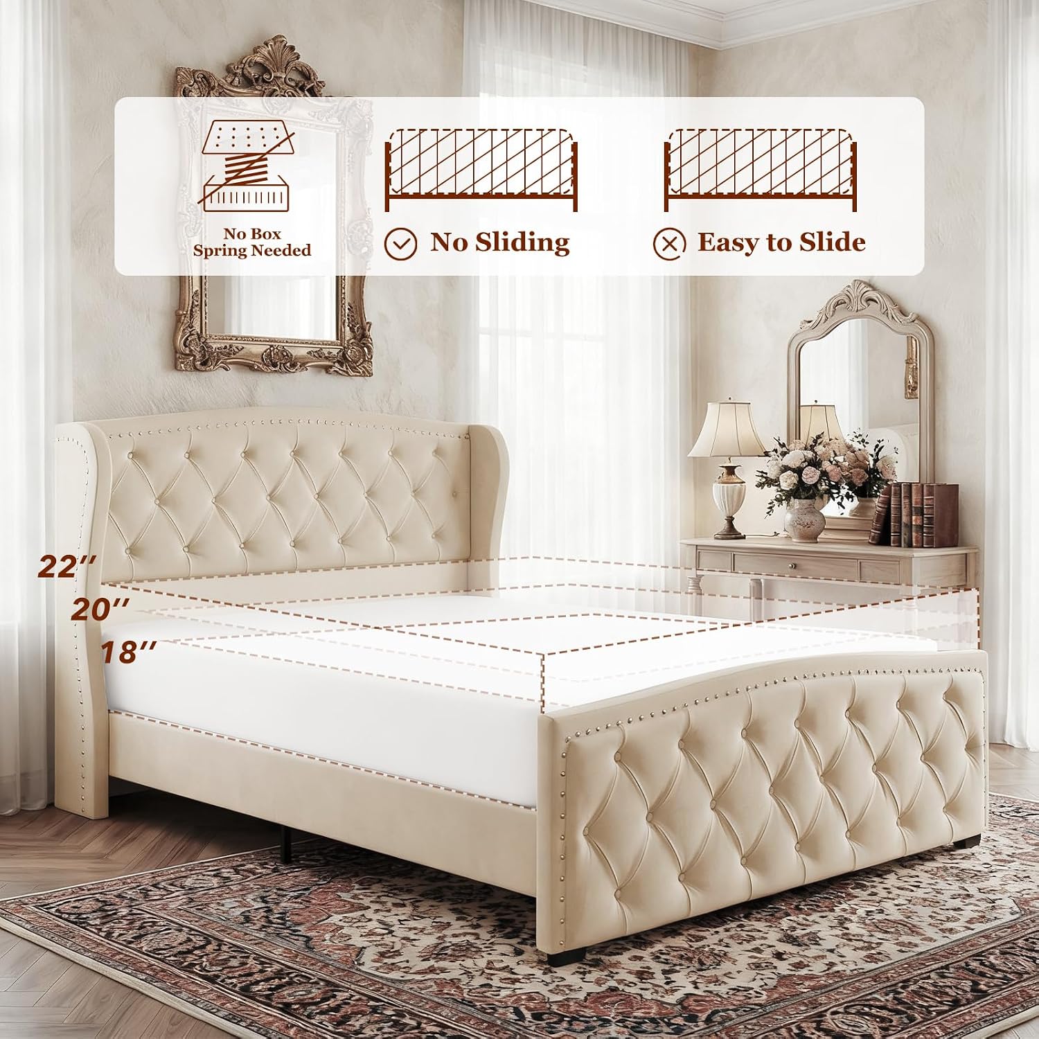 Furnihome King Size Bed Frame with 51' Tall Headboard, Velvet Upholstered Wingback Platform Design, Handcrafted Pleats& Deep Button Tufted, Solid Wood Legs, No Box Spring Needed, Beige