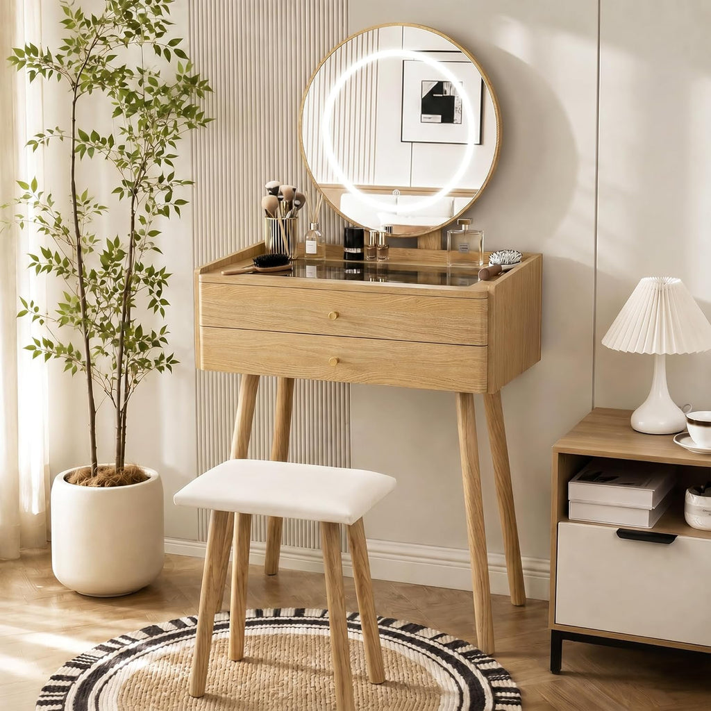 Glass Top Vanity Desk with Mirror and Lights, Small Makeup Table with Cushioned Stool, 2 Drawers Compact Vanity for Small Spaces with 6 Grid Organizer, 3 Lighting Modes, Natural Oak