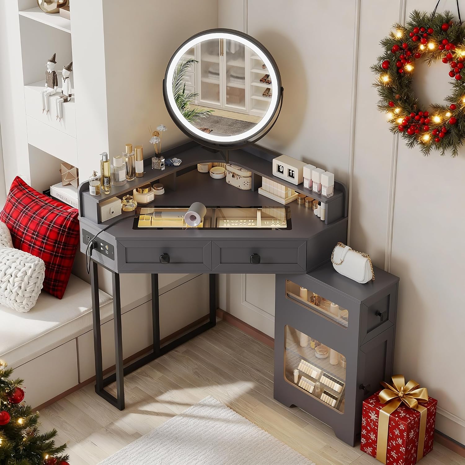FREDEES Corner Vanity with Mirror and Lights,Modern Makeup Vanity Set with Power Outlet,Large Storage Dressing Table with Drawers and Shelves for Women/Girls,Grey