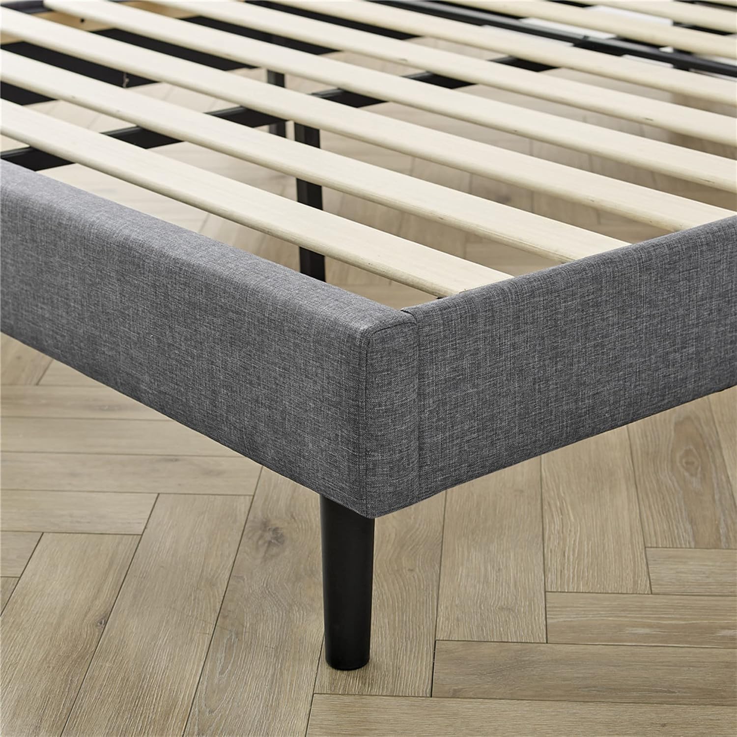 Decoro Mornington 2.0 Upholstered Platform Bed | Headboard and Metal Frame with Wood Slat Support, Grey, Queen Size