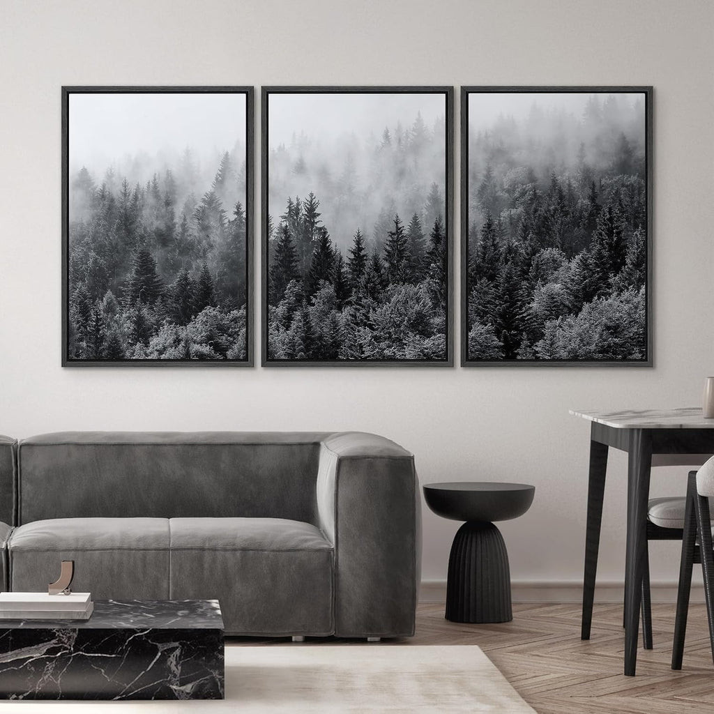 SIGNWIN Framed Canvas Print Wall Art Set Black & White Misty Mountain Forest Nature Wilderness Photography Modern Art Landscape Relax/Calm for Living Room, Bedroom, Office - 16'x24'x3 Black