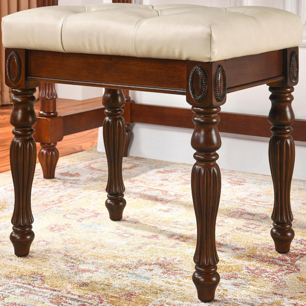 LEEMTORIG Upholstered Shoe Bench, Traditional Victorian Entryway Bench, Button Tufted Faux Leather, Holds Up to 300 lbs, 14x18x19inches, for Entryway Hallway Bedroom, Beige PU, FD-1533-BG