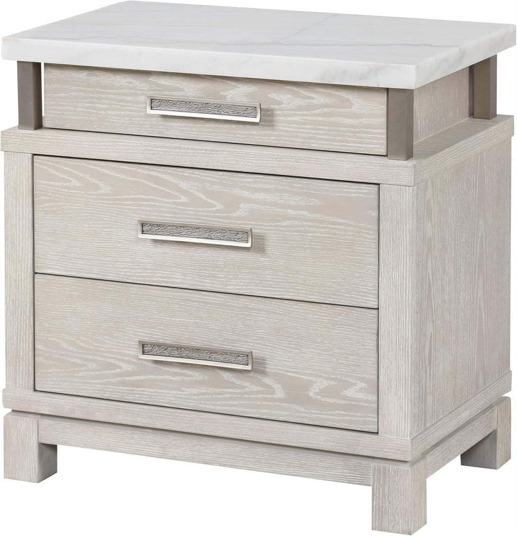 Furniture of America Bailer Modern Solid Wood 3-Piece Bedroom Set with LED on Headboard, Stainless Steal Posts and Marble Top on Nightstand, Box Spring Needed, King, Weathered Gray