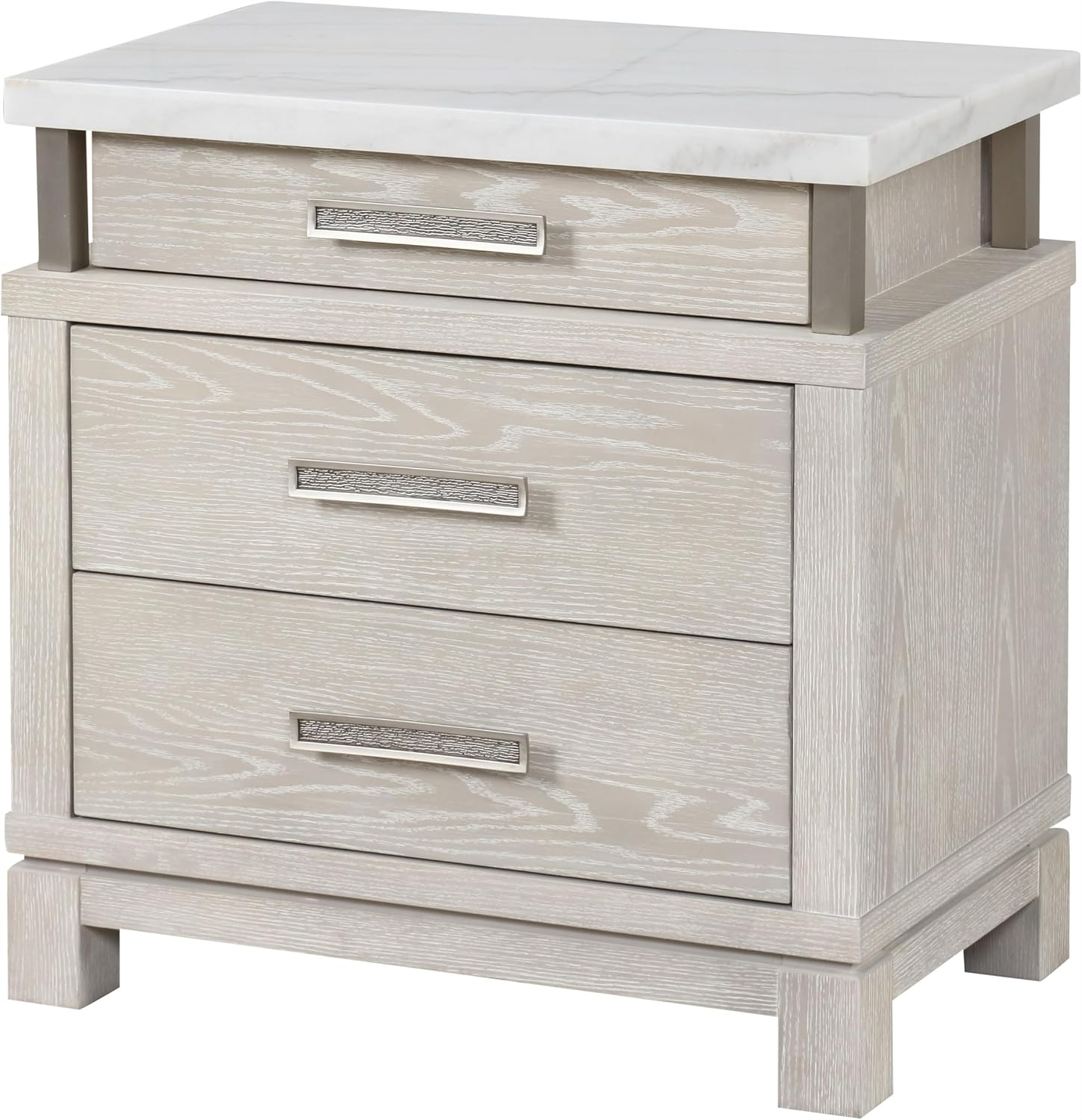 Furniture of America Bailer Modern Solid Wood 3-Piece Bedroom Set with LED on Headboard, Stainless Steal Posts and Marble Top on Nightstand, Box Spring Needed, King, Weathered Gray