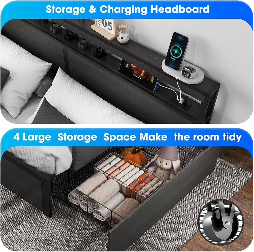 Fabulis King Bed Frame with Storage Headboard and 4 Drawers, Metal Platform Bed Frame with LED Light, Charging Station, No Box Spring Needed, Noise Free, Easy Assembly,Charcoal Grey