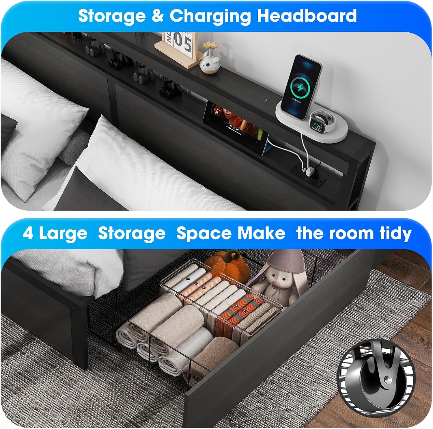 Fabulis King Bed Frame with Storage Headboard and 4 Drawers, Metal Platform Bed Frame with LED Light, Charging Station, No Box Spring Needed, Noise Free, Easy Assembly,Charcoal Grey