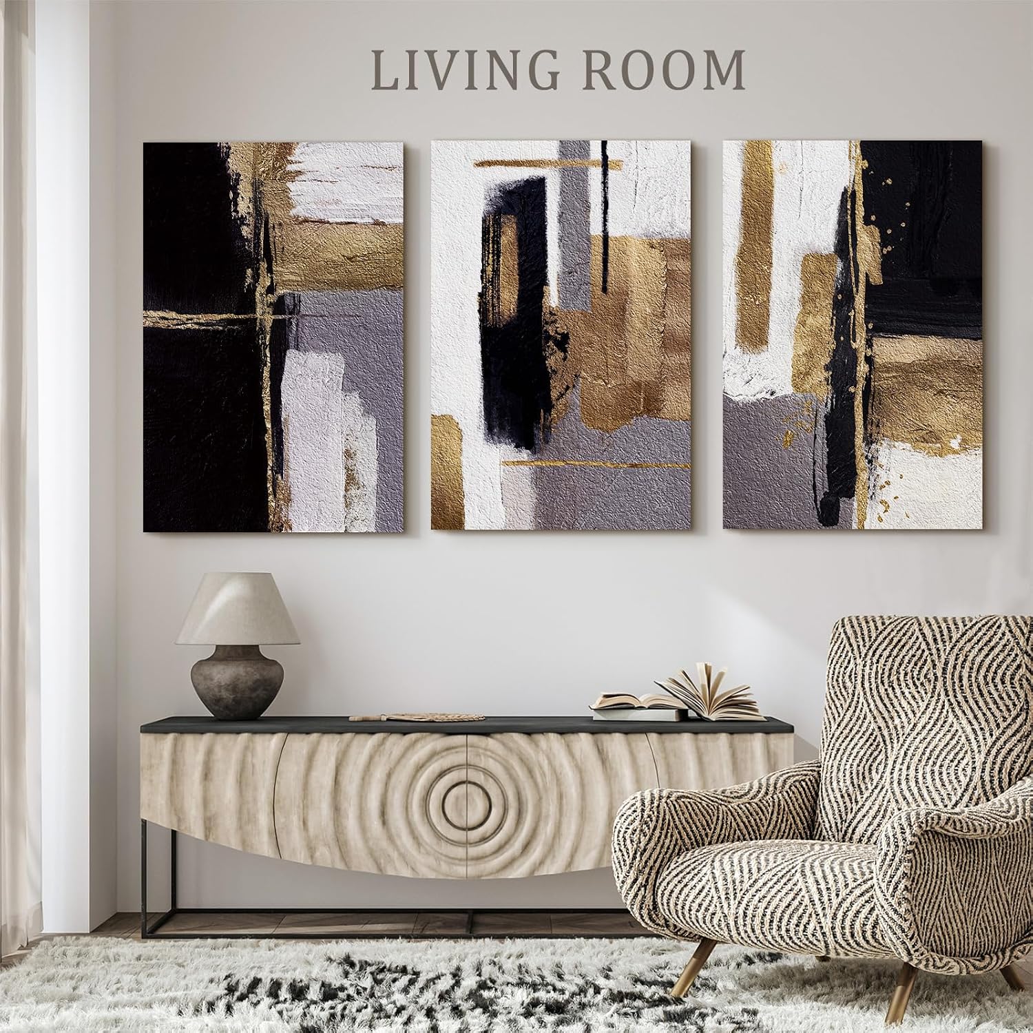 Bzstyleart Large Abstract Wall Art for Living Room, 3 Piece Modern Textured Wall Art Minimalist Painting Picture Print for Hallway Office Bedroom, Neutral Abstract Artwork, Black & Gold, 24 x 36 Inch