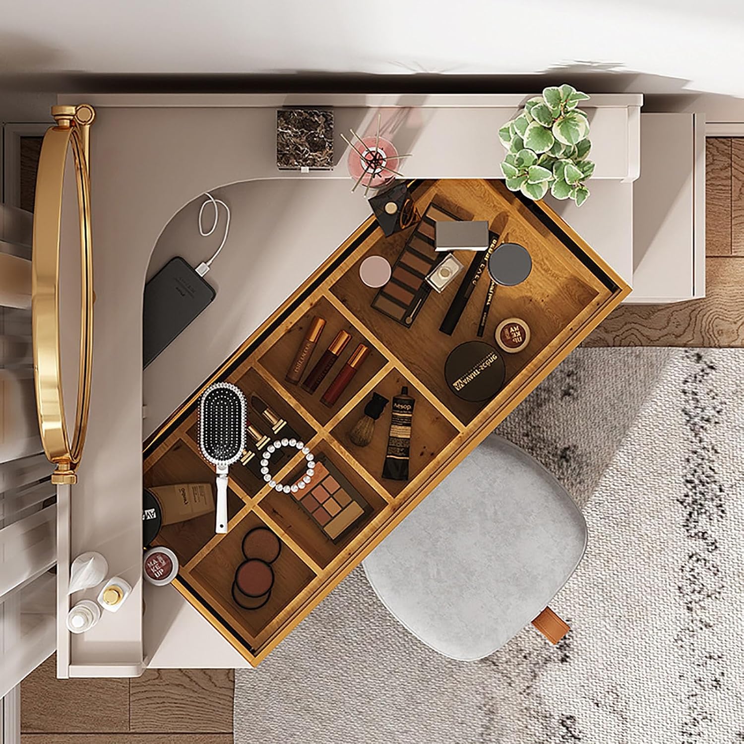 Corner Vanity Desk with Lighted Mirror, Makeup Dressing Table with Drawers, Cabinet and Cushioned Stool, Girls Vanity Desk for Dressing Room, Bedroom