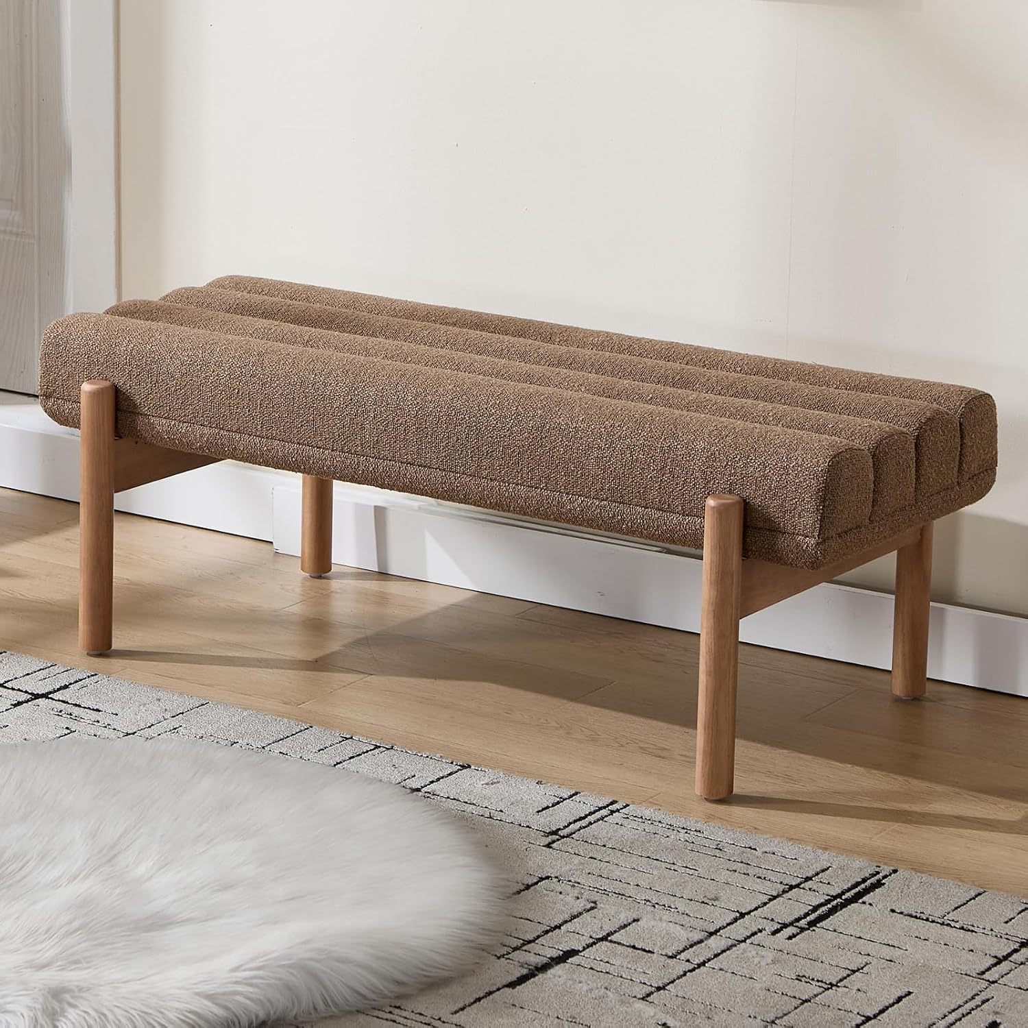 47' Modern Upholstered End of Bed Bench, Brown Chenille Channel Tufted Entryway Bench with Wood Legs, Comfy Bedroom Bench Long Ottoman for Living Room Hallway Vanity Room
