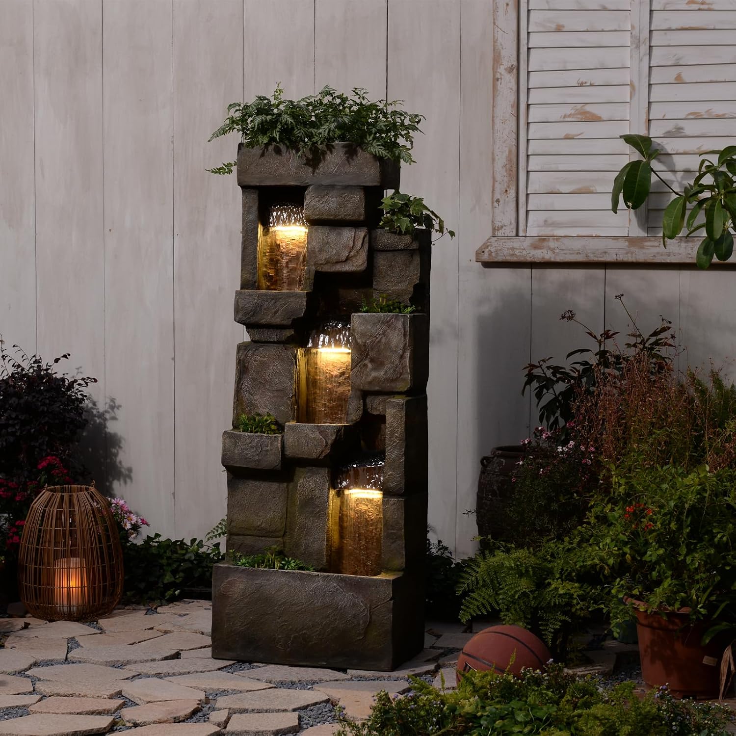 Bumilgar Garden Water Fountains Outdoor Floor Standing, 3 Tier Rock Waterfall Fountain with LED Lights and Pump for Garden, Patio, Backyard, Deck, Porch and Home Art Deco, 56.3' Very Tall