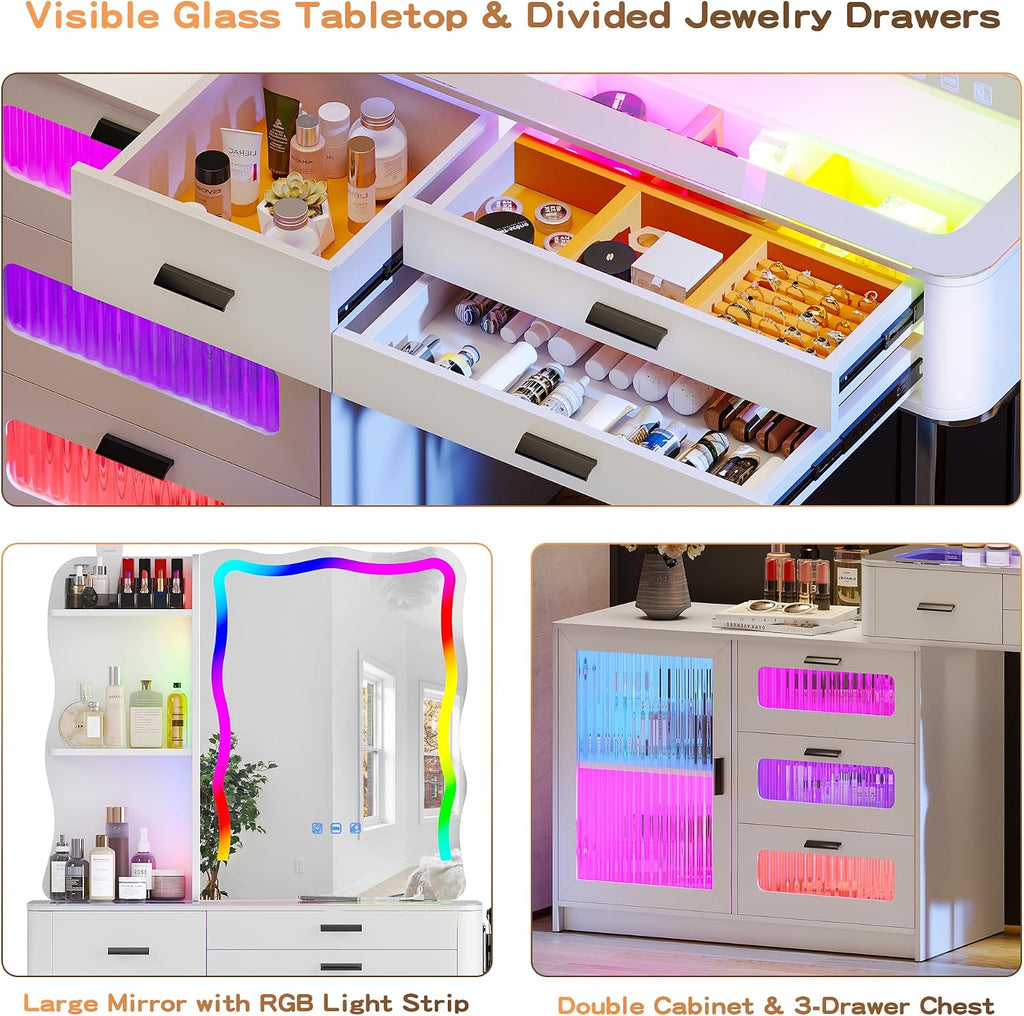 Lvifur RGB Make up Vanity Desk with Lights, Glass Top Vanity Table with 24 Color Dimmable Lights, Large Vanity Set with 8 Drawers, Dressing Table with Cushioned Stool