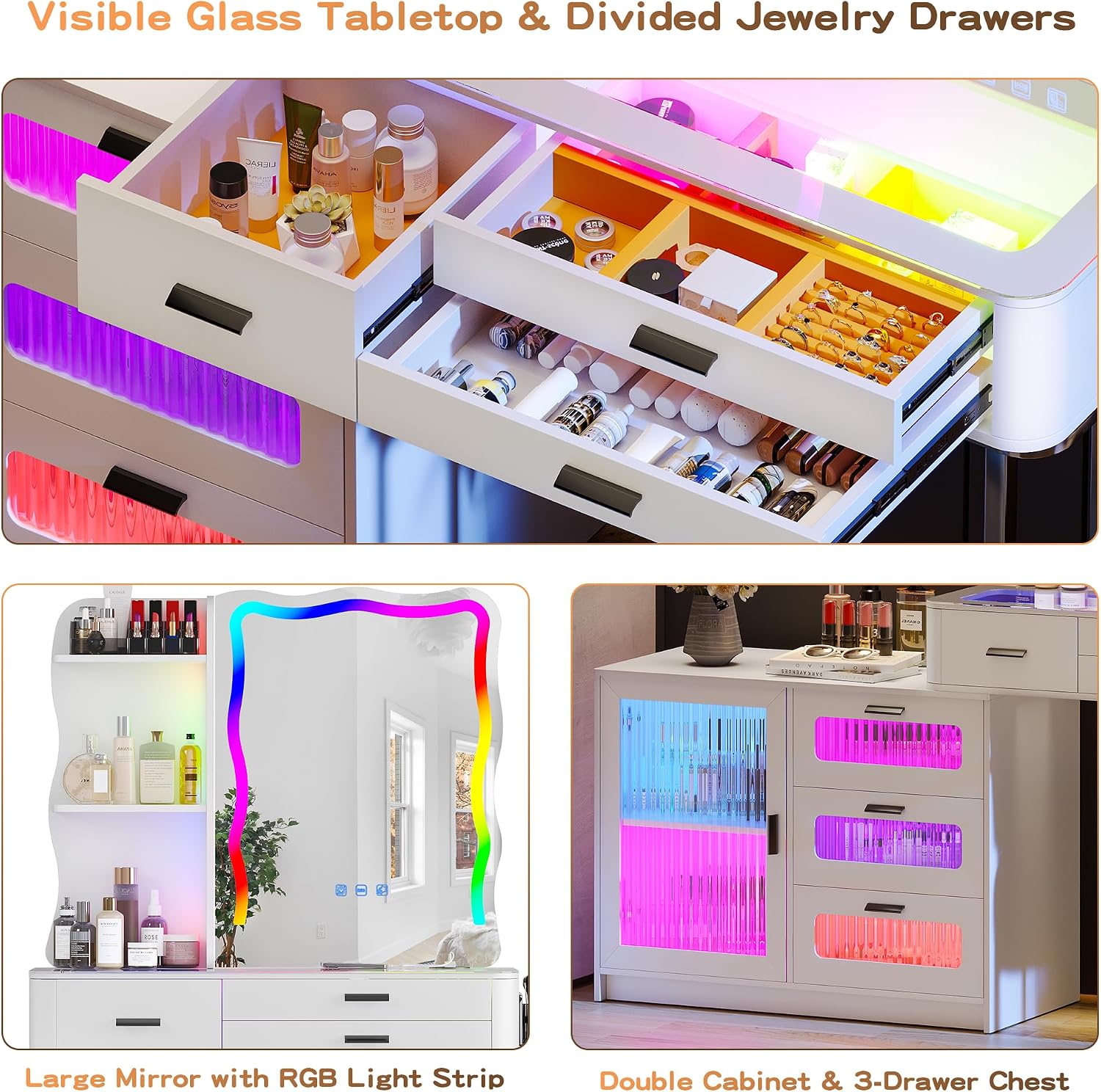 Lvifur RGB Make up Vanity Desk with Lights, Glass Top Vanity Table with 24 Color Dimmable Lights, Large Vanity Set with 8 Drawers, Dressing Table with Cushioned Stool