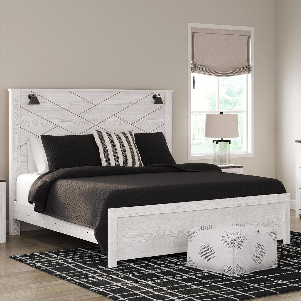 Signature Design by Ashley Gerridan Casual King Panel Bed with Sconce Lights and Metal Slats, Foundation or Box Spring Needed, White