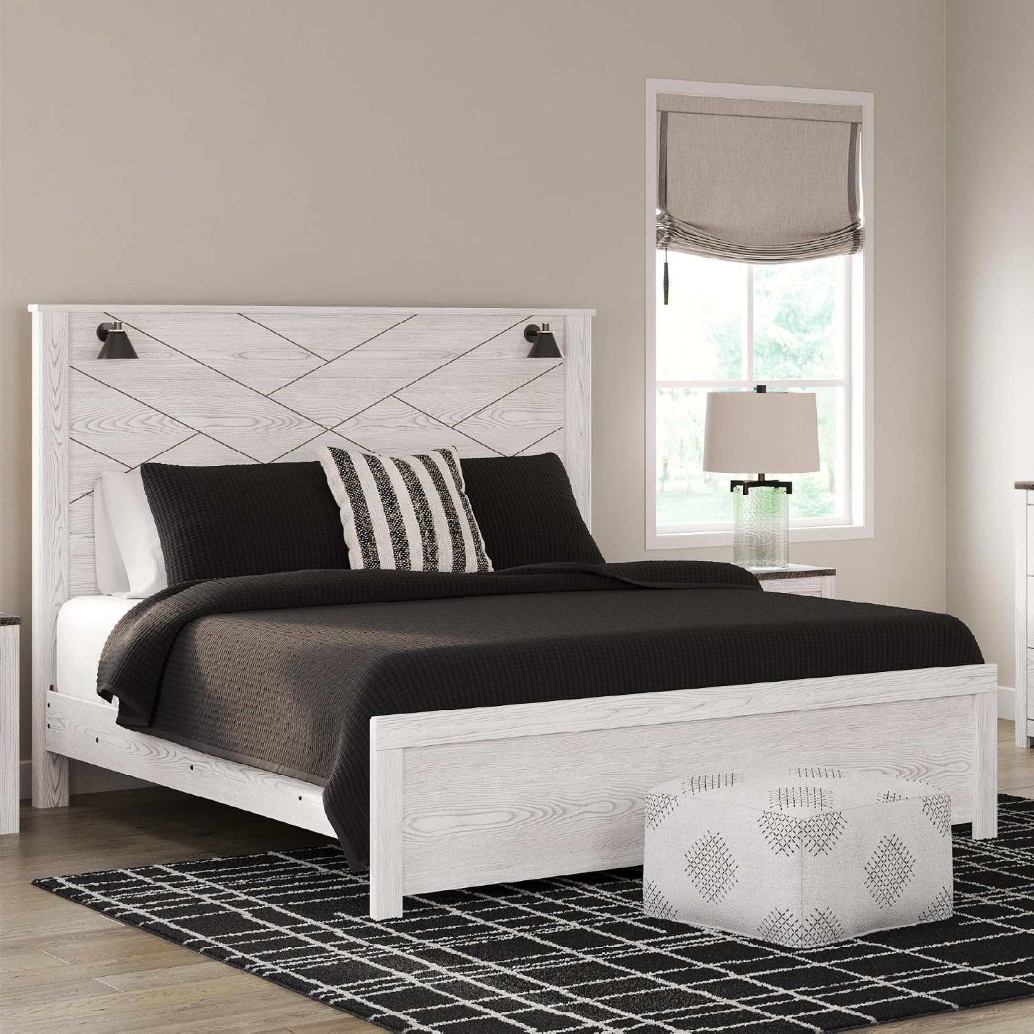 Signature Design by Ashley Gerridan Casual King Panel Bed with Sconce Lights and Metal Slats, Foundation or Box Spring Needed, White
