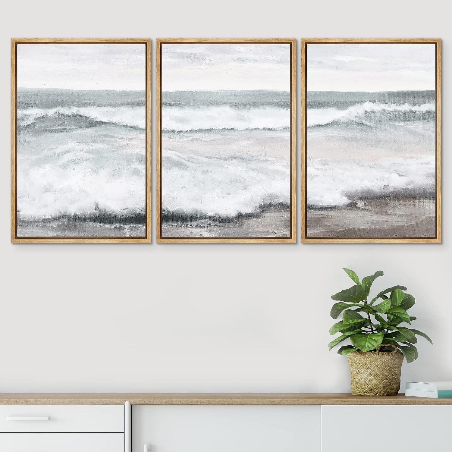 SIGNWIN Framed Canvas Print Wall Art Set Ocean Sea Wave Beach Shore Seascape Nature Wilderness Illustrations Modern Art Decorative Scenic Rustic for Living Room, Bedroom, Office - 16'x24'x3 Natural