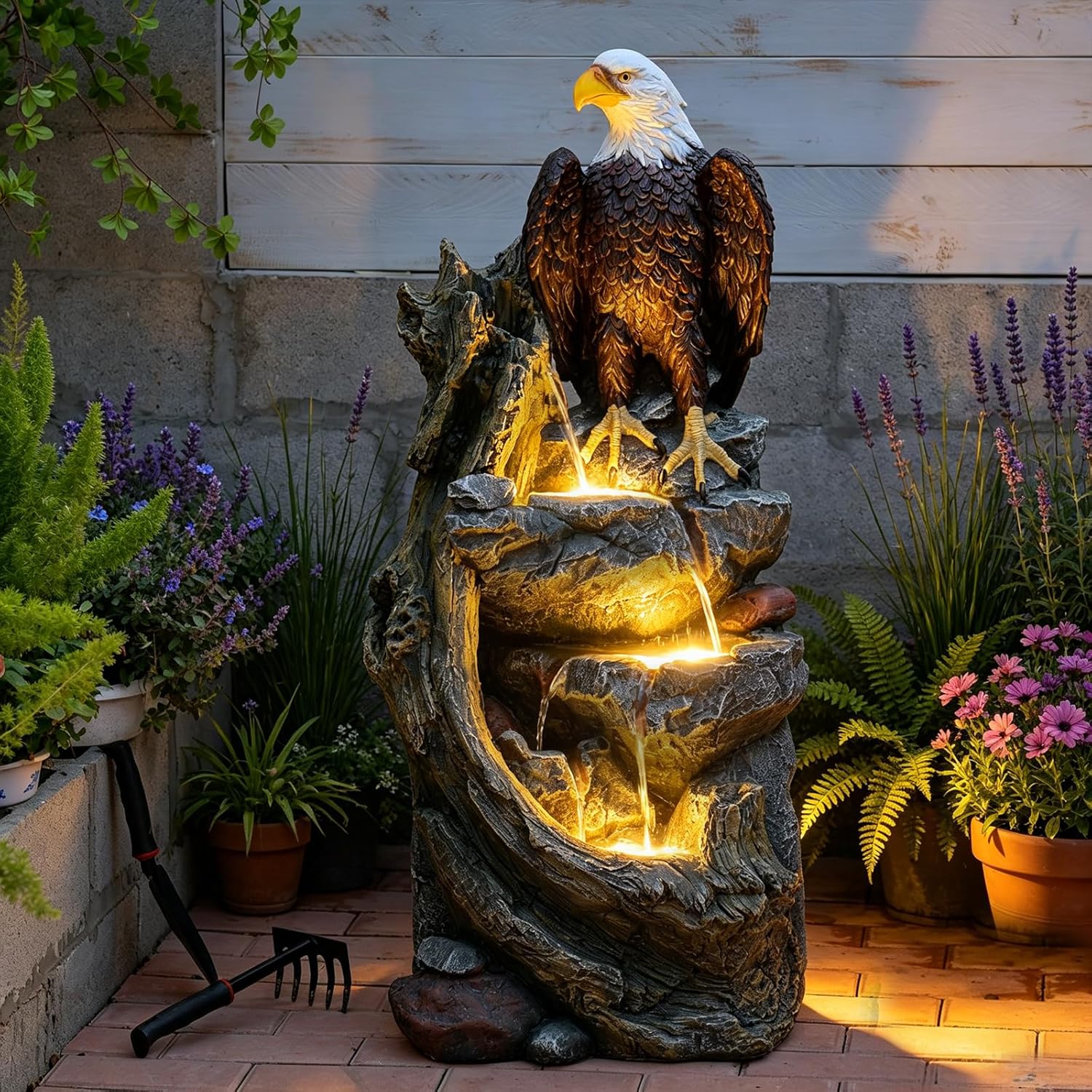 Bald Eagle Outdoor Fountain, 40.5' H Large Cascading Waterfall Garden Fountain with 3000K Warm LED Lights, Realistic Tree Trunk & Rock Water Feature for Garden, Patio, Porch, Yard and Home Art Decor