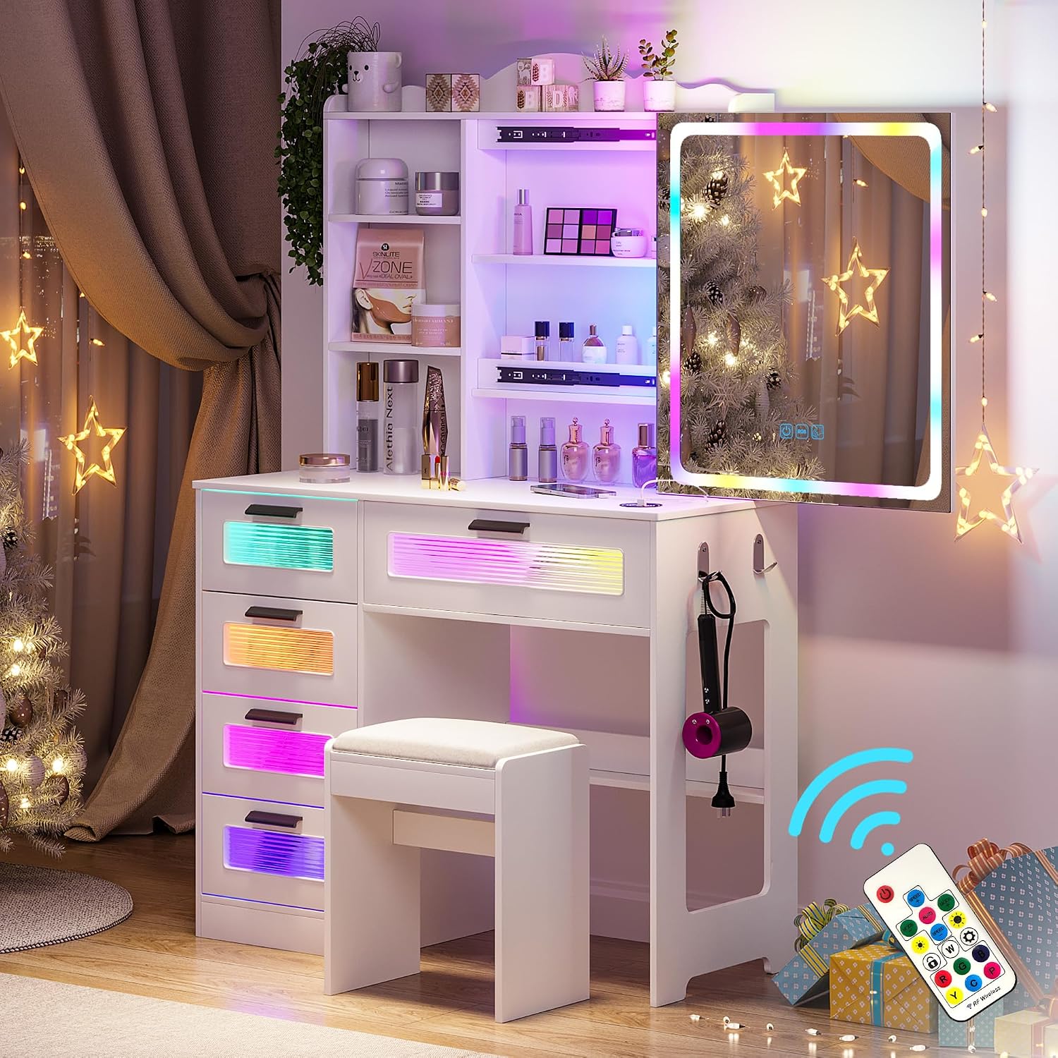 WOOVIVS Vanity with LED Mirror, 6 Drawer Dresser with Charging Station for Bedroom, Small Makeup Vanitys Table with RGB Light, Vanity Set with Chair,Jewelry Organizer for Girls-White