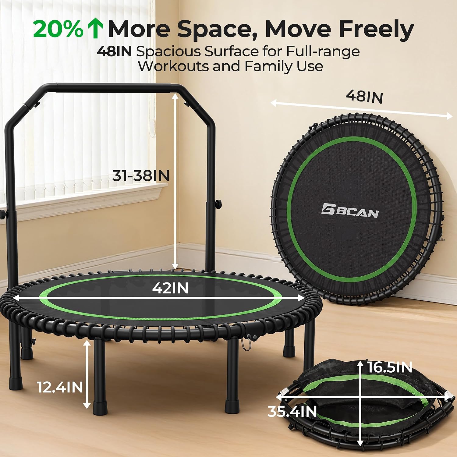 BCAN BT2 450/550LBS Mini Rebounder Trampoline for Adults with Bar, Fitness Trampoline with Bungees, Adjustable Handle, Stable & Quiet, Indoor Outdoor, Whole-Body Workout & Relaxation at Home-40IN/48IN