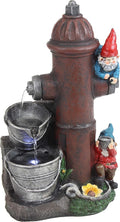 Sunnydaze Fire Hydrant Gnomes 16-Inch Outdoor Water Fountain with LED Light - Submersible Electric Pump - Polyresin