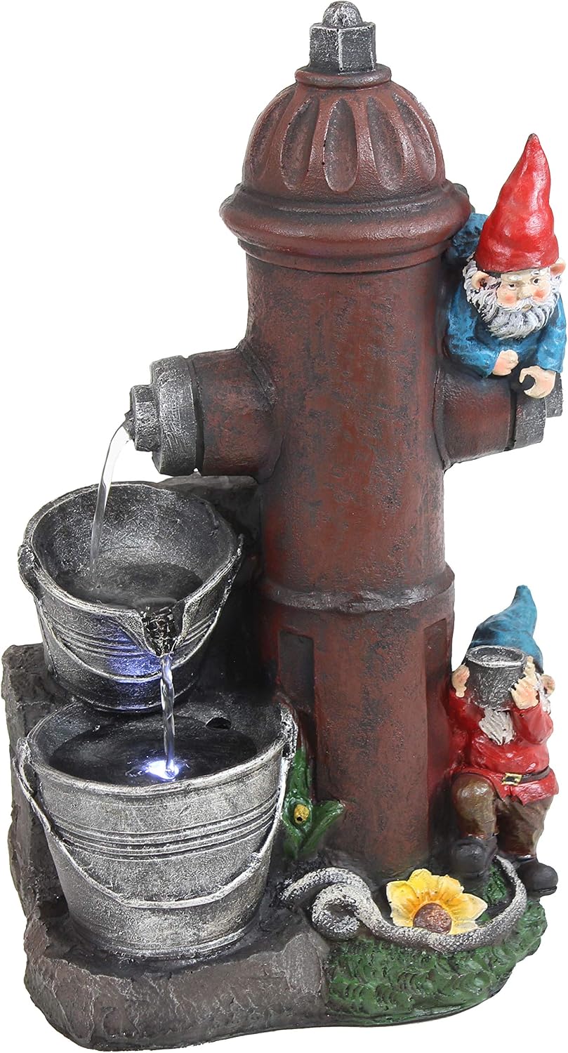 Sunnydaze Fire Hydrant Gnomes 16-Inch Outdoor Water Fountain with LED Light - Submersible Electric Pump - Polyresin