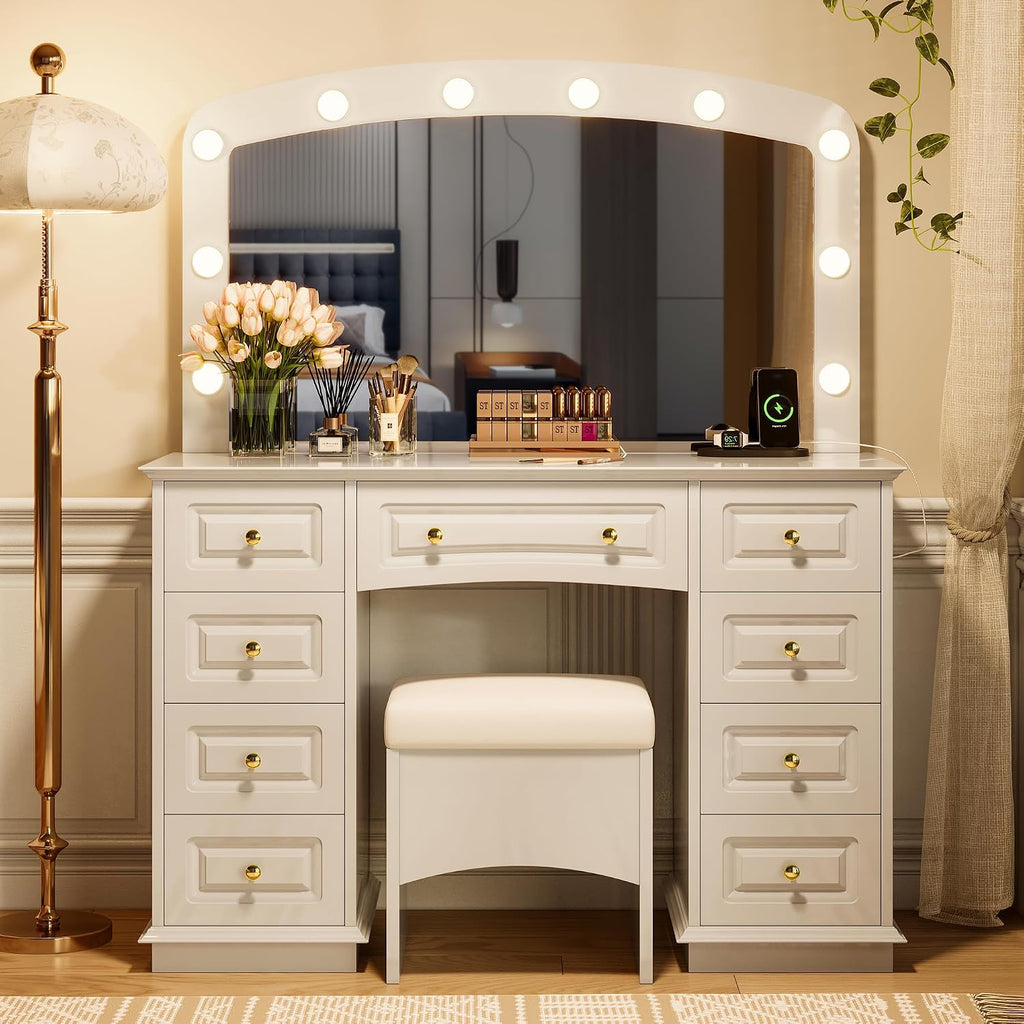Merax 44.2' Makeup Vanity Desk with Mirror and 10 Bulbs, White Dressing Table with Cushioned Stool and 9 Storage Drawers for Bedroom