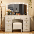 Merax 44.2' Makeup Vanity Desk with Mirror and 10 Bulbs, White Dressing Table with Cushioned Stool and 9 Storage Drawers for Bedroom
