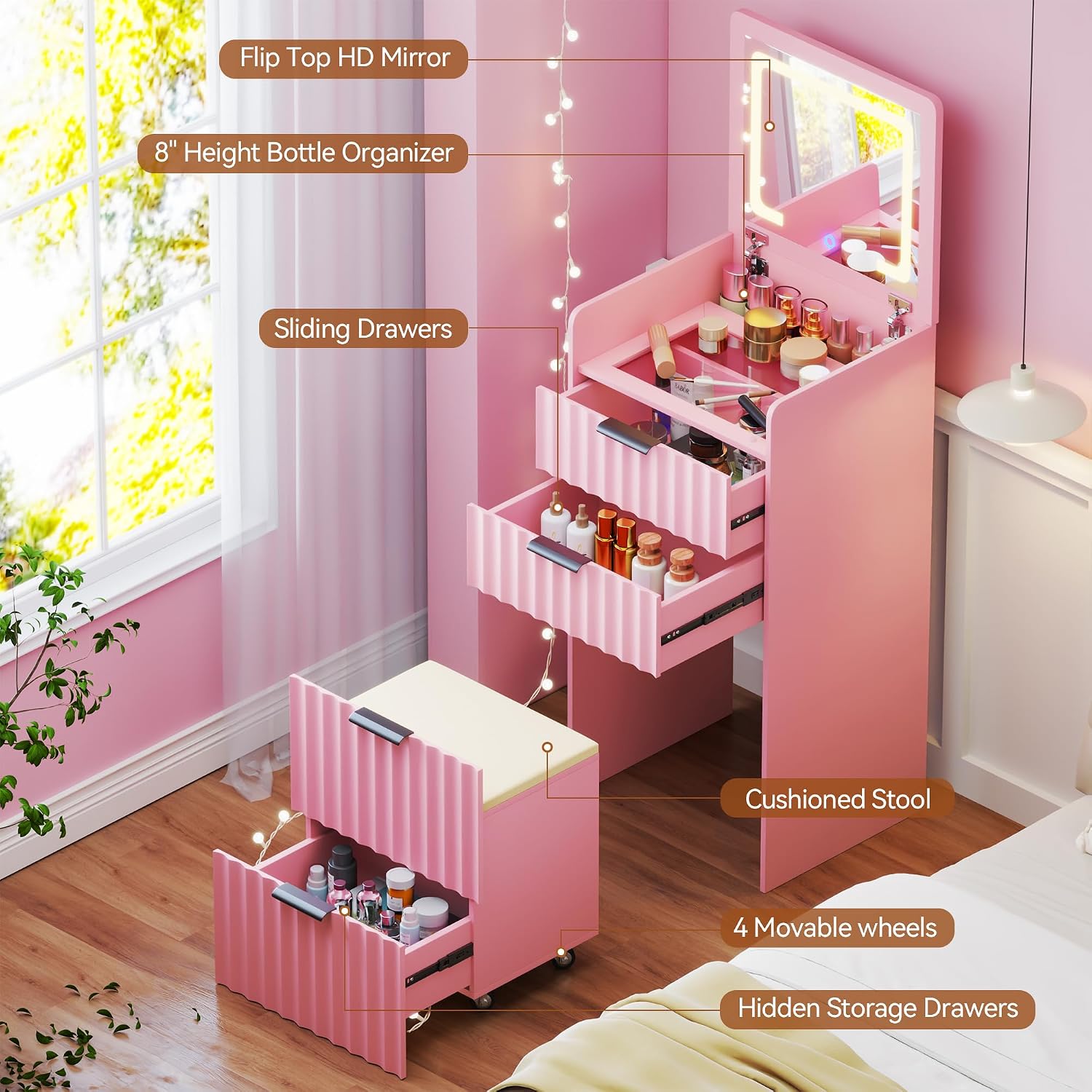 3-in-1 Small Vanity Desk with Flip Top Mirror and Lights,Fluted Compact Makeup Vanity with Storage Stool and Drawers,Mini Vanity Table Set for Bedroom Furniture,Pink