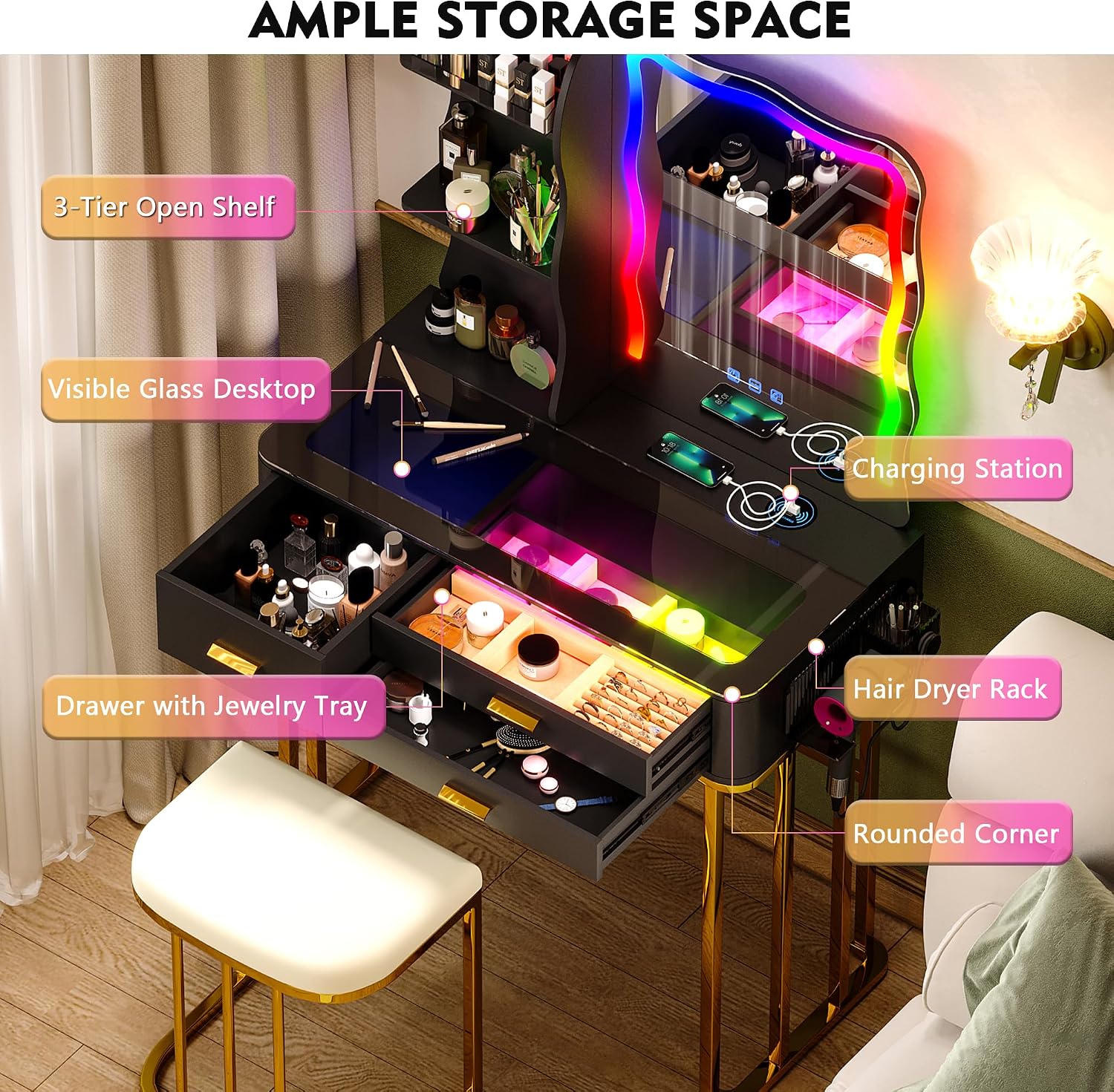 RGB Makeup Vanity Desk with Wireless Charging Station,7 Dynamic and 7 Static Dimmable Vanity Table with Visible Glass Top,Auto Sensor LED Make up Vanity with Mirror and Lights,Stool