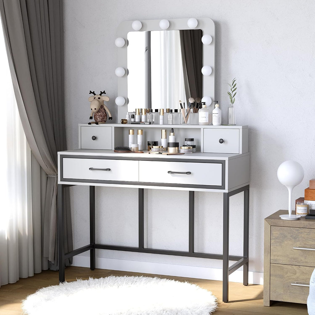 SUNVIVI Vanity, Makeup Vanity Desk with 3 Color Dimmable Lighted Hollywood Mirror, White Vanity with 4 Drawers, Large Dressing Table for Women Girls