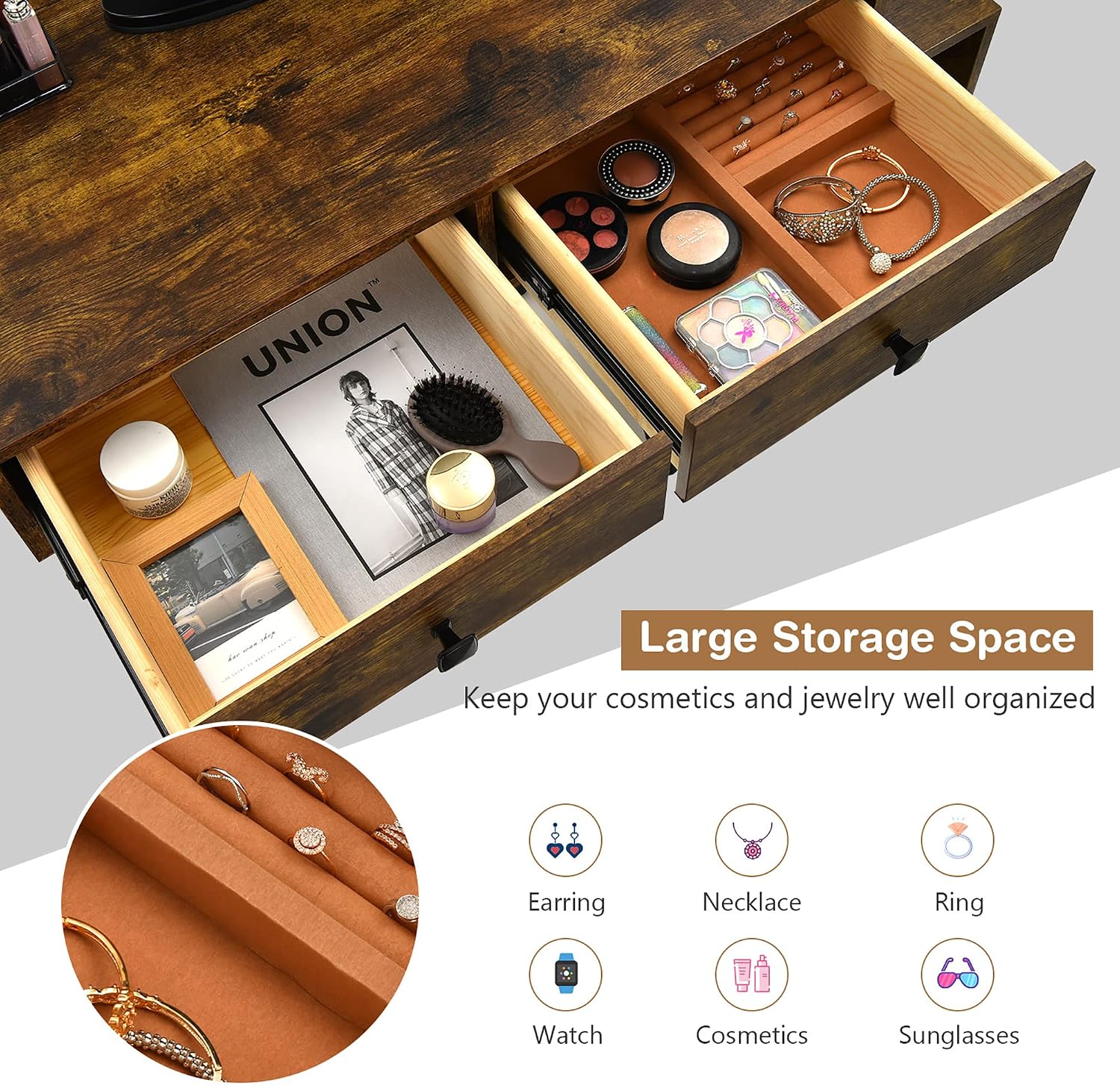 DORTALA Vanity Set, Wooden Makeup Dressing Table with 3 Colors Lighted Mirror & Stool, Left or Right Side Cabinet, Lipstick Storage Box, Large Storage Drawers, Bedroom Vanity Desk Set, Rustic Brown