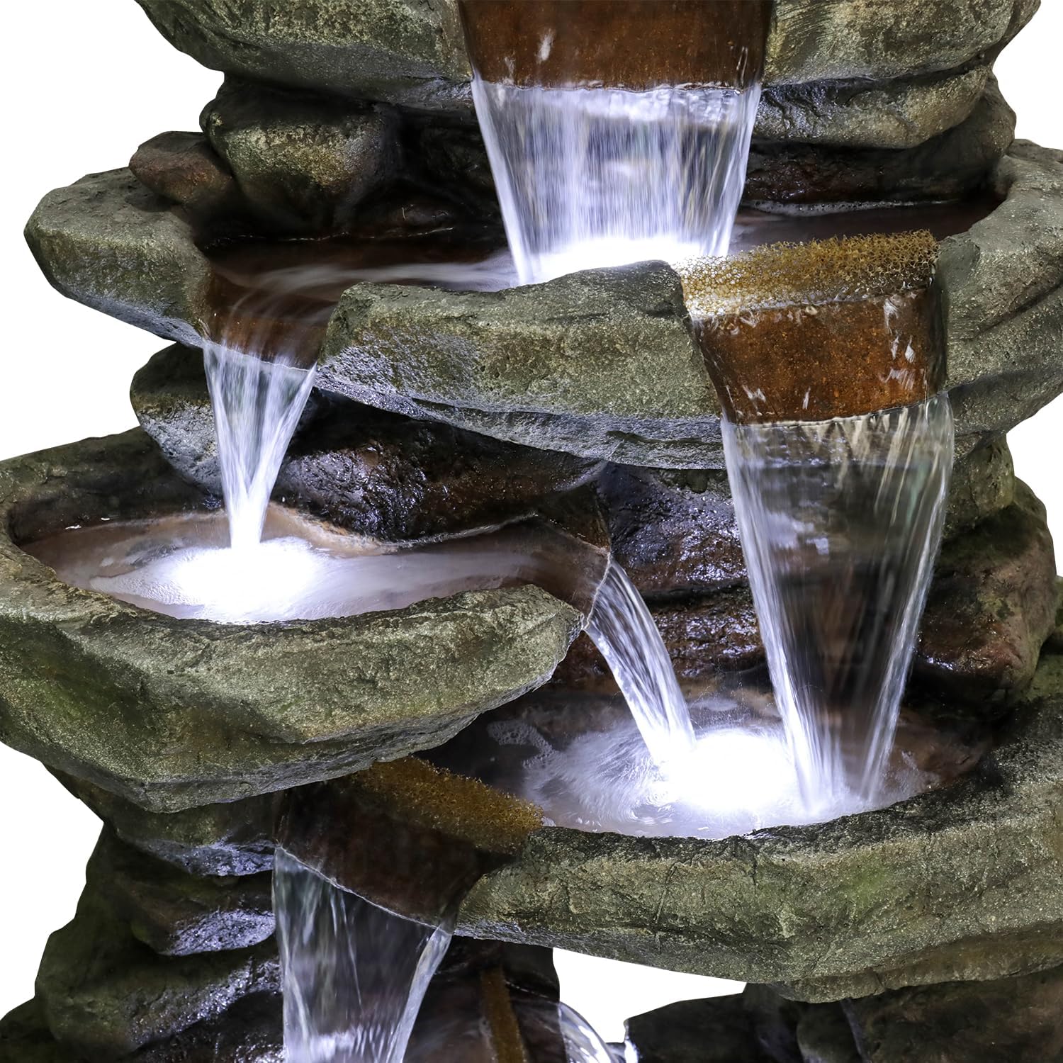 SunJet 60' High 7-Tiers Cascading Rock Outdoor Water Fountain with LED Lights - Large Outdoor Fountains and Waterfalls for Garden or Patio, Yard, and Deck Decor, Featuring Natural Stone Look