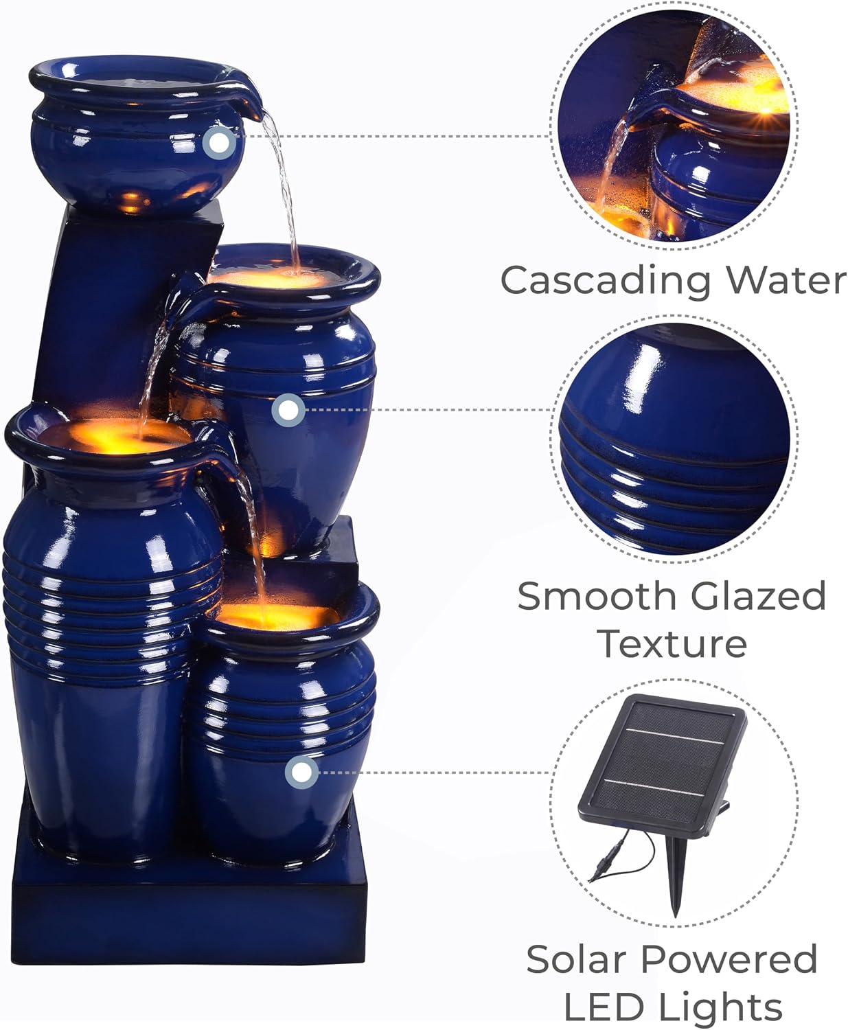 Teamson Home 28.74' 4-Tier Cascading Bowl Solar Powered Water Fountain for Outdoor Living Spaces, Navy