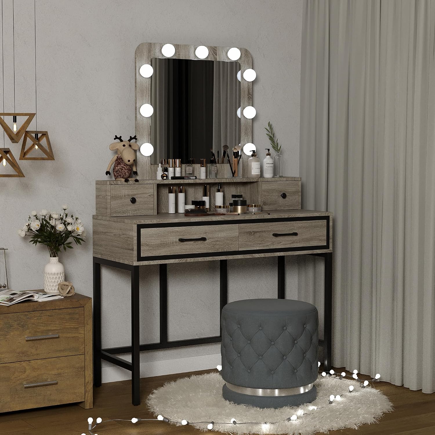 SUNVIVI Vanity, Makeup Vanity Desk with 3 Color Dimmable Lighted Hollywood Mirror, Grey Vanity with 4 Drawers, Large Dressing Table for Women Girls