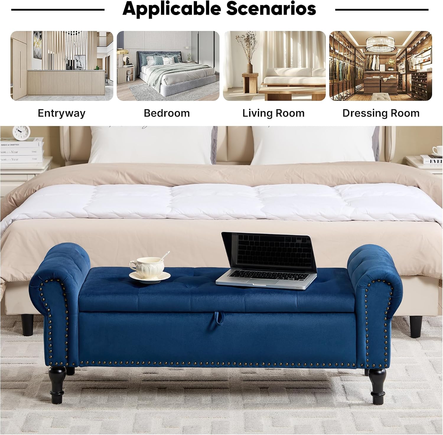 Storage Bench for Bedroom, 51' Upholstered End of Bed Bench, Velvet Queen Size Benches with Rolled Arms, Tufted Button Storage Long Ottoman, Living Room, Entryway, Blue