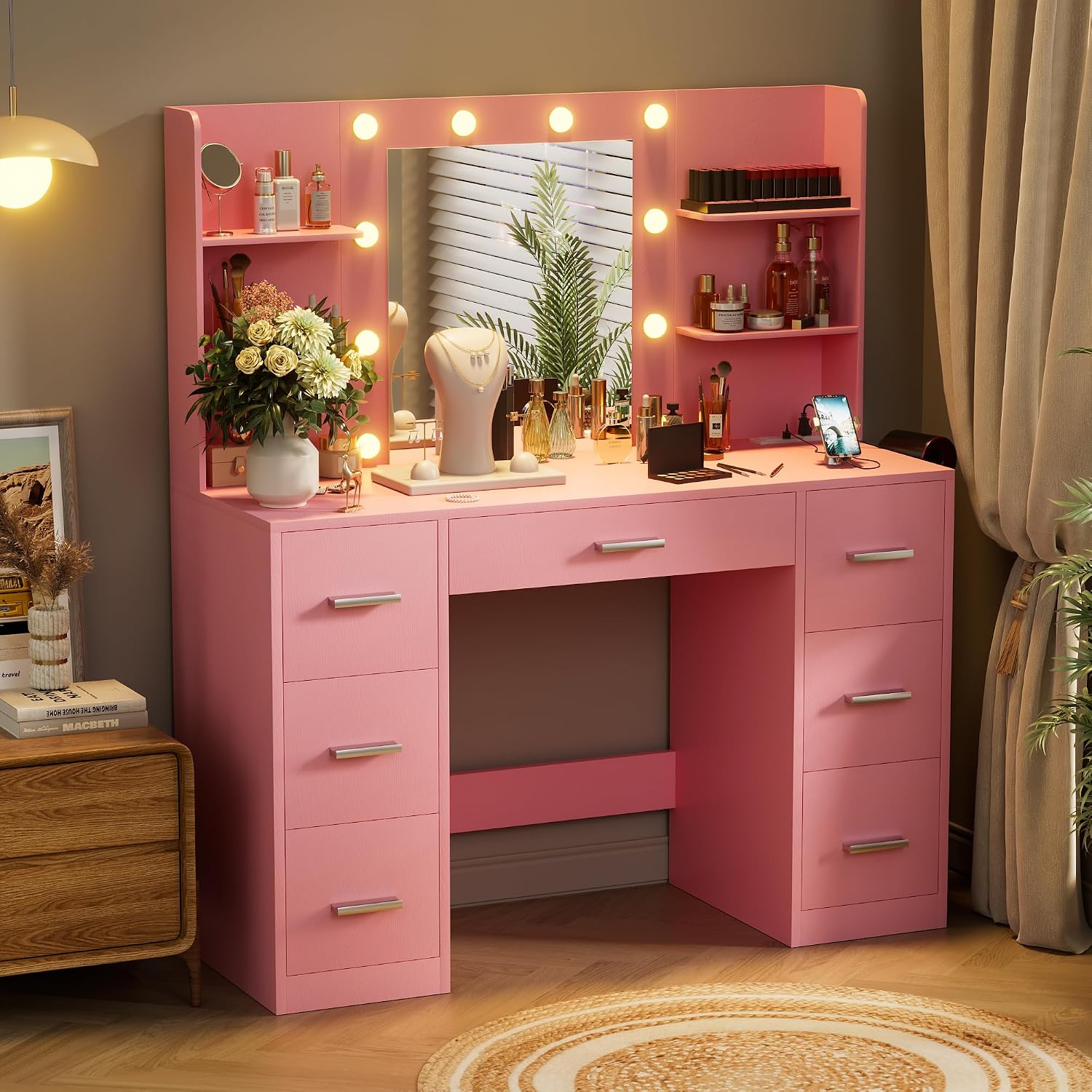 VICTONE Vanity Desk with LED Lighted Mirror&Power Outlet, 3 Model Lights Makeup Vanity Table with 7 Drawers and 6 Storage Shelves for Bedroom and Dressing Room (Light Pink)