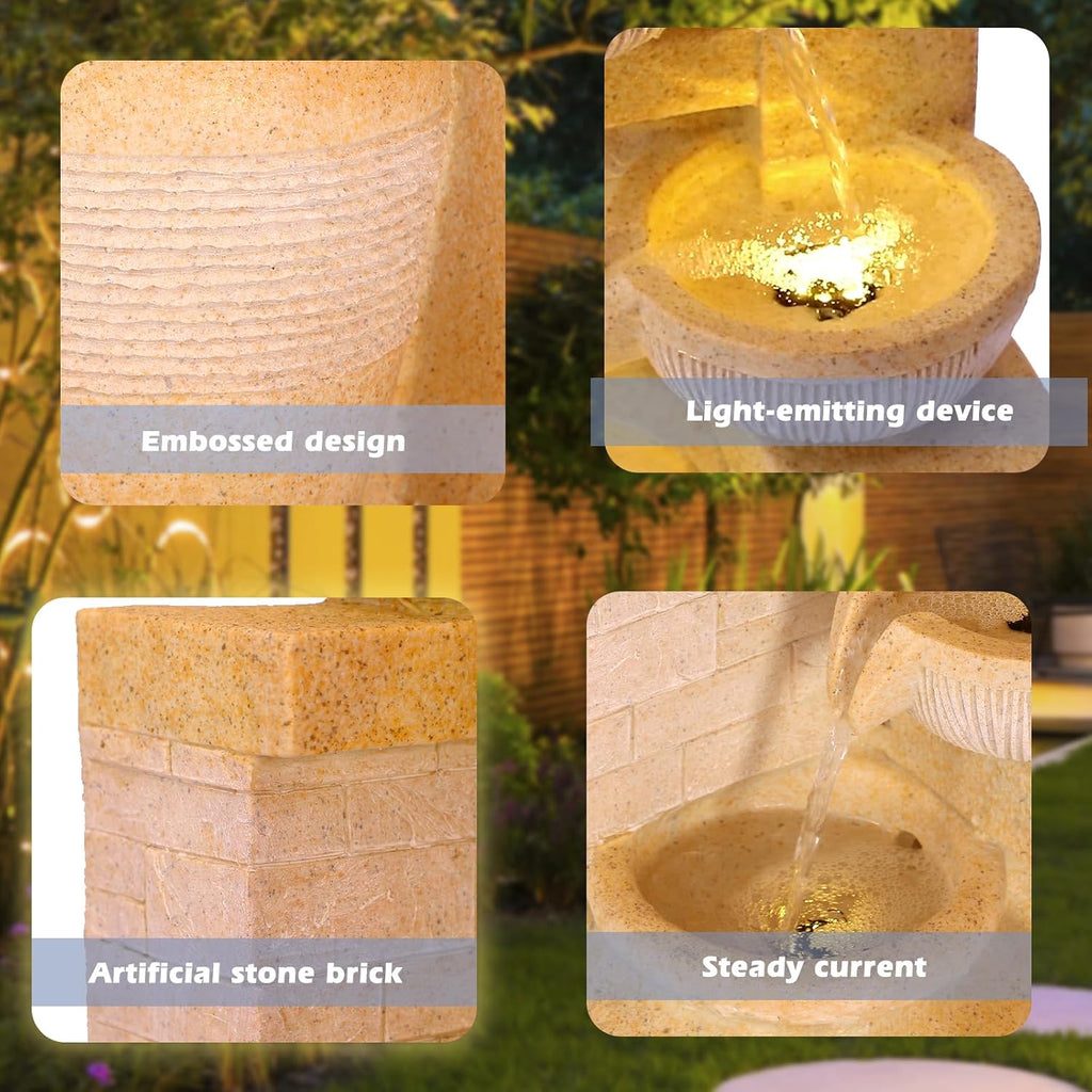 Grepatio Outdoor 4-Tiers Water Fountain, Garden Cascading Waterfalls Fountain with LED Lights, 32'H Modern Indoor/Outdoor Bowl Waterfall Feature Water Fountains for Garden, Patio, Yard Decor (Yellow)