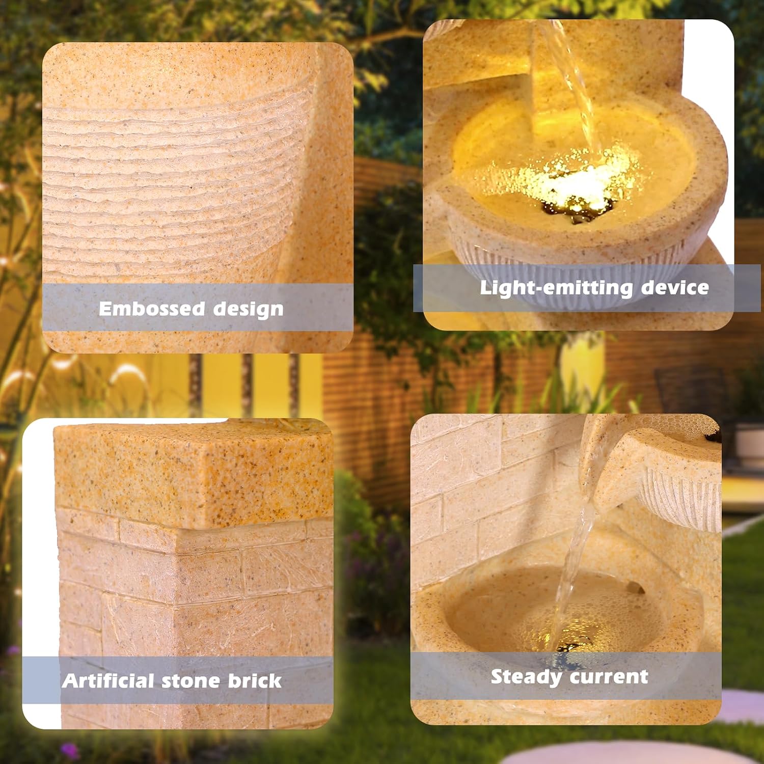 Grepatio Outdoor 4-Tiers Water Fountain, Garden Cascading Waterfalls Fountain with LED Lights, 32'H Modern Indoor/Outdoor Bowl Waterfall Feature Water Fountains for Garden, Patio, Yard Decor (Yellow)