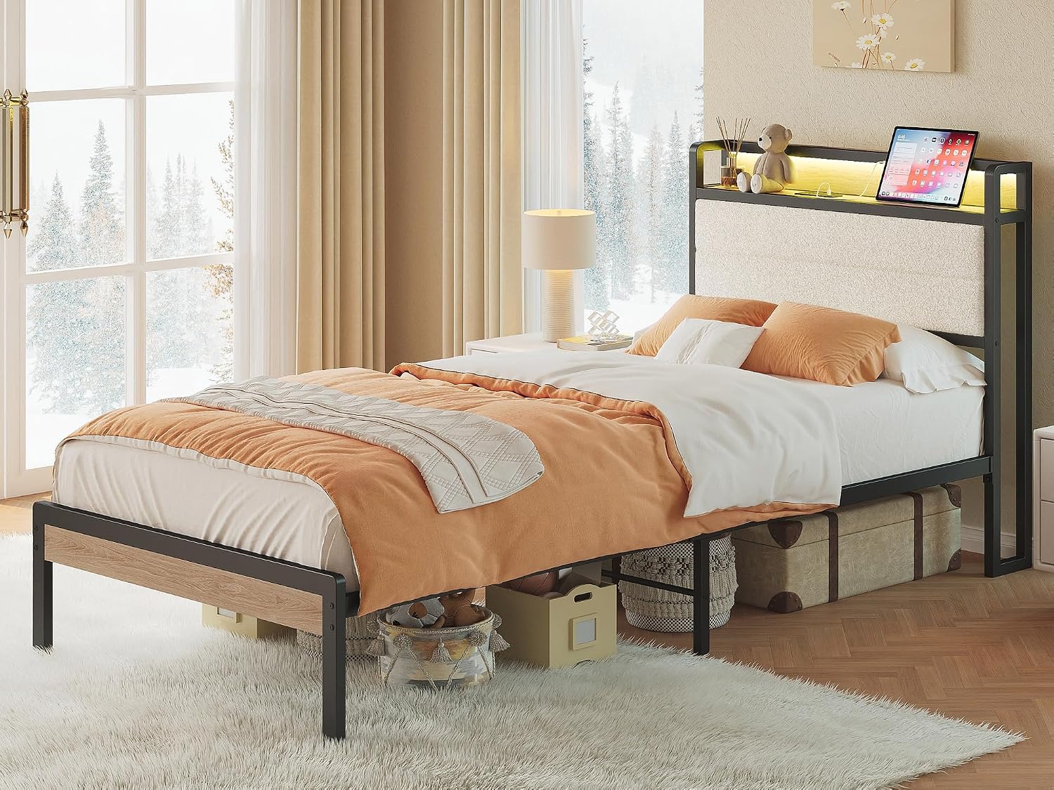 LIKIMIO Twin XL Bed Frame with Storage Headboard and LED Lights, Metal Platform Bed with Charging Station, Noise Free, No Box Spring Needed, Under Bed Storage, Natural and Cream