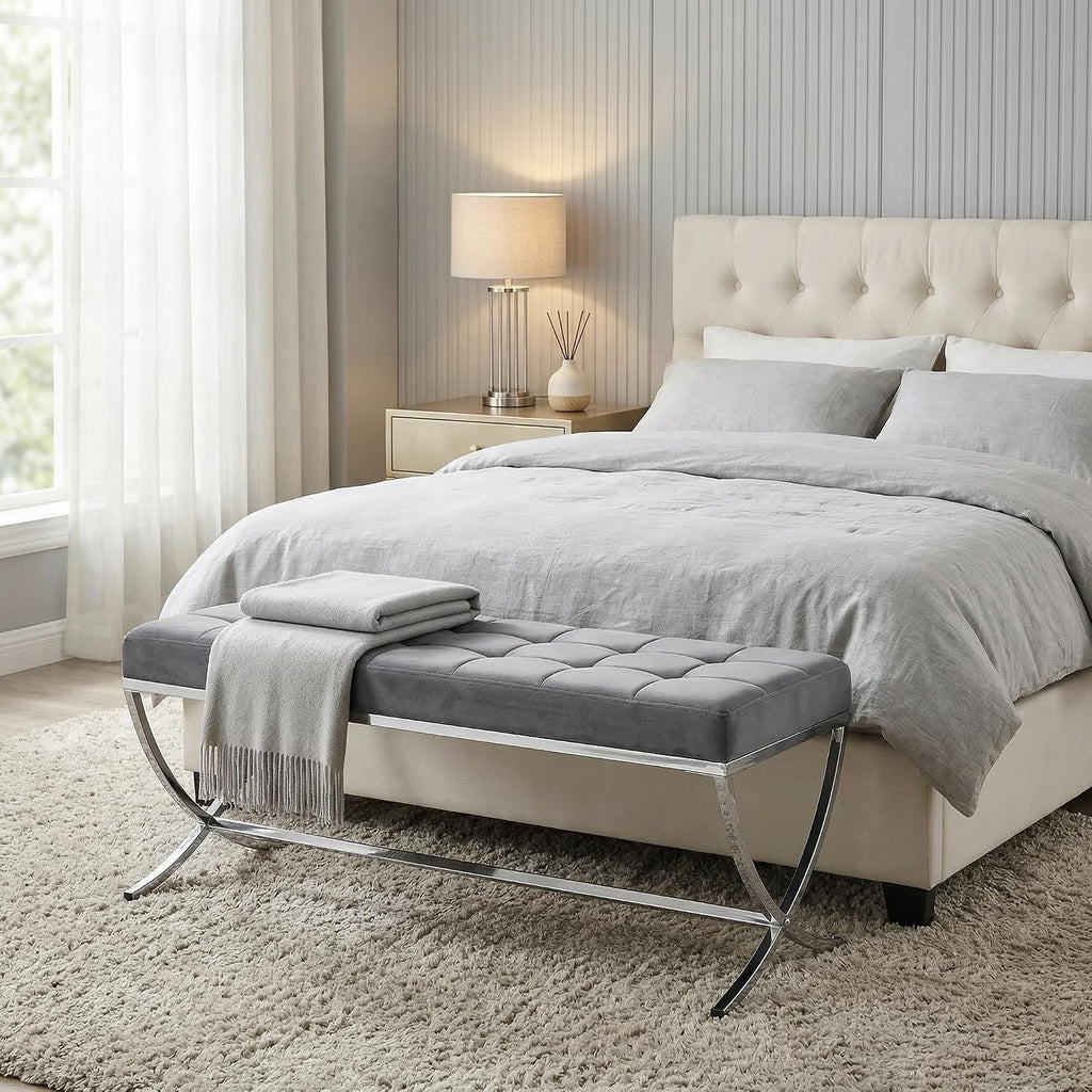 LukeAlon Modern Velvet Dining Bench, Button Tufted Ottoman Bench with X-Shape Chrome Finish Upholstered End of Bed Bench Comfy Entryway Bench for Bedroom Kitchen, Grey
