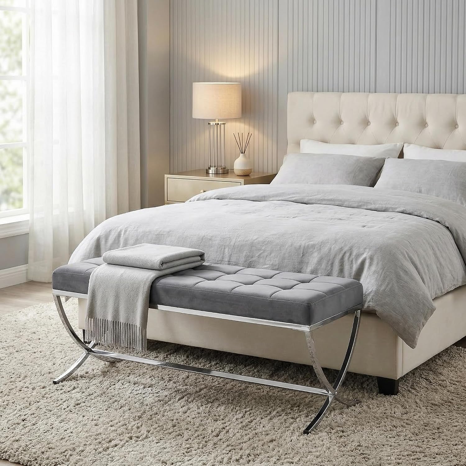 LukeAlon Modern Velvet Dining Bench, Button Tufted Ottoman Bench with X-Shape Chrome Finish Upholstered End of Bed Bench Comfy Entryway Bench for Bedroom Kitchen, Grey